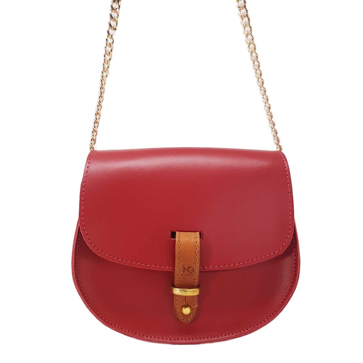 red crossbody bag with gold chain