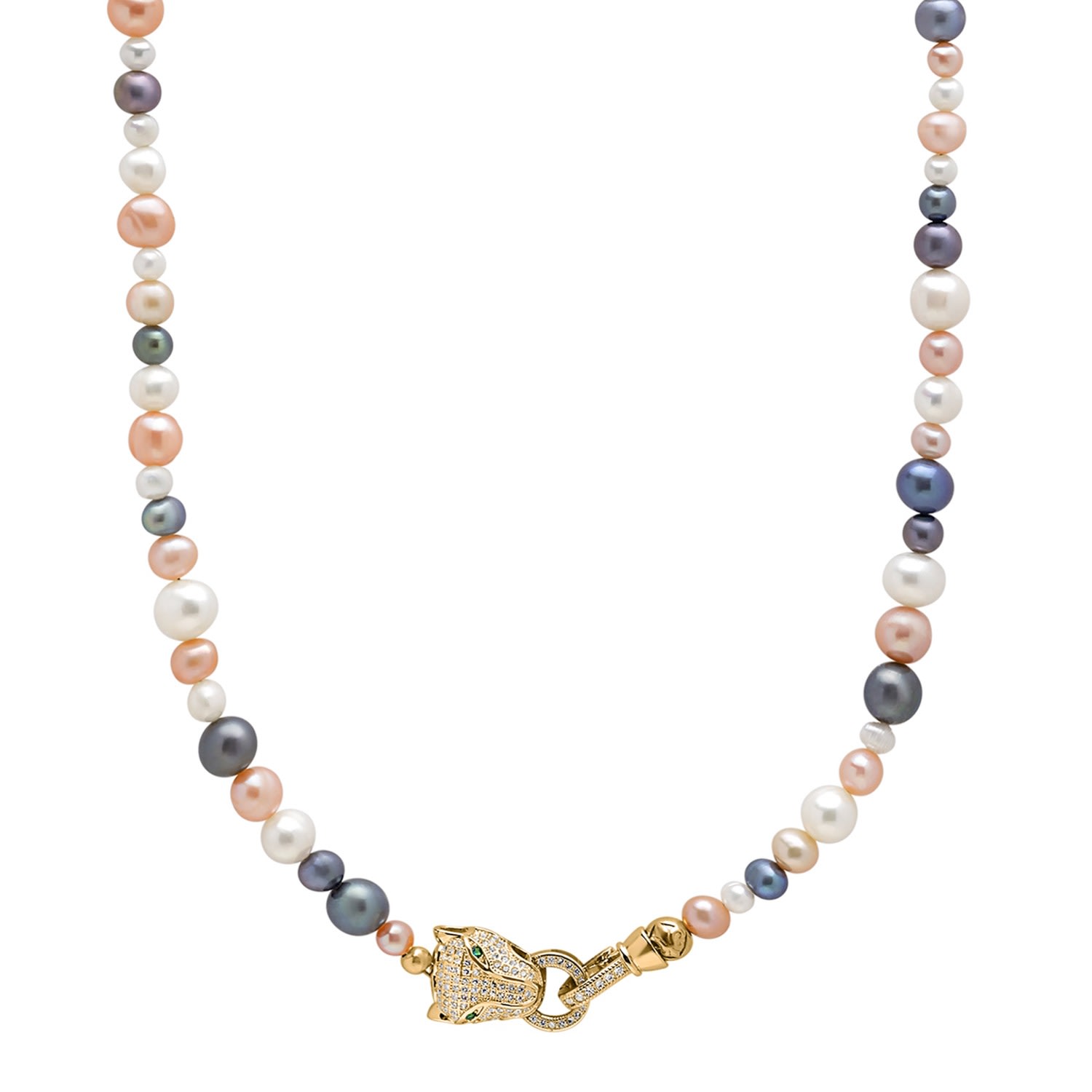 Men’s Multi-Colored Pearl Necklace With Gold Plated Panther Head Lock Nialaya