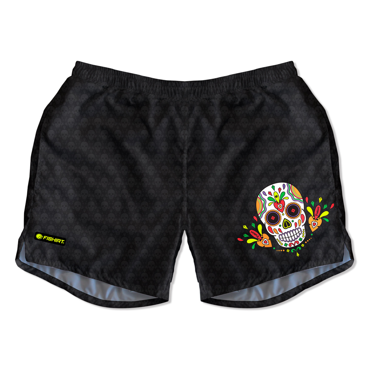 Fishirt Men's Swim Shorts Mexican Skull Graphic Despamuertos Style - Black In Black