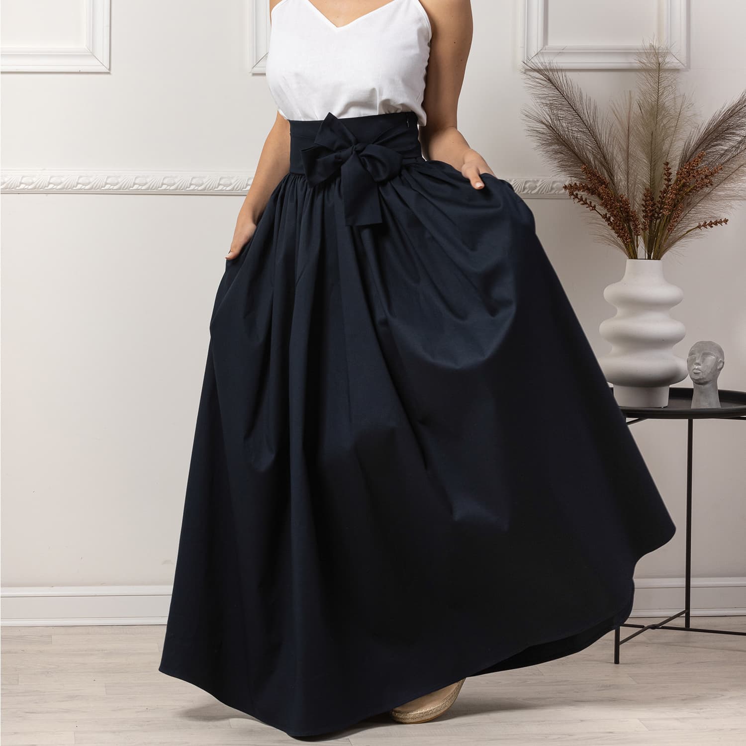 Long Flared Skirt With High Waist & Front Bow In Dark Blue