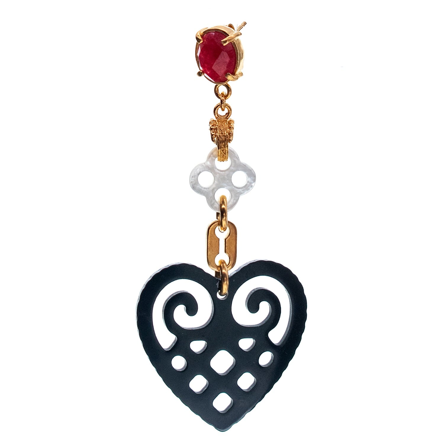 Gem Kingdom Women's Gold / Red / Black Single Heart Earring Gold Plated In Black