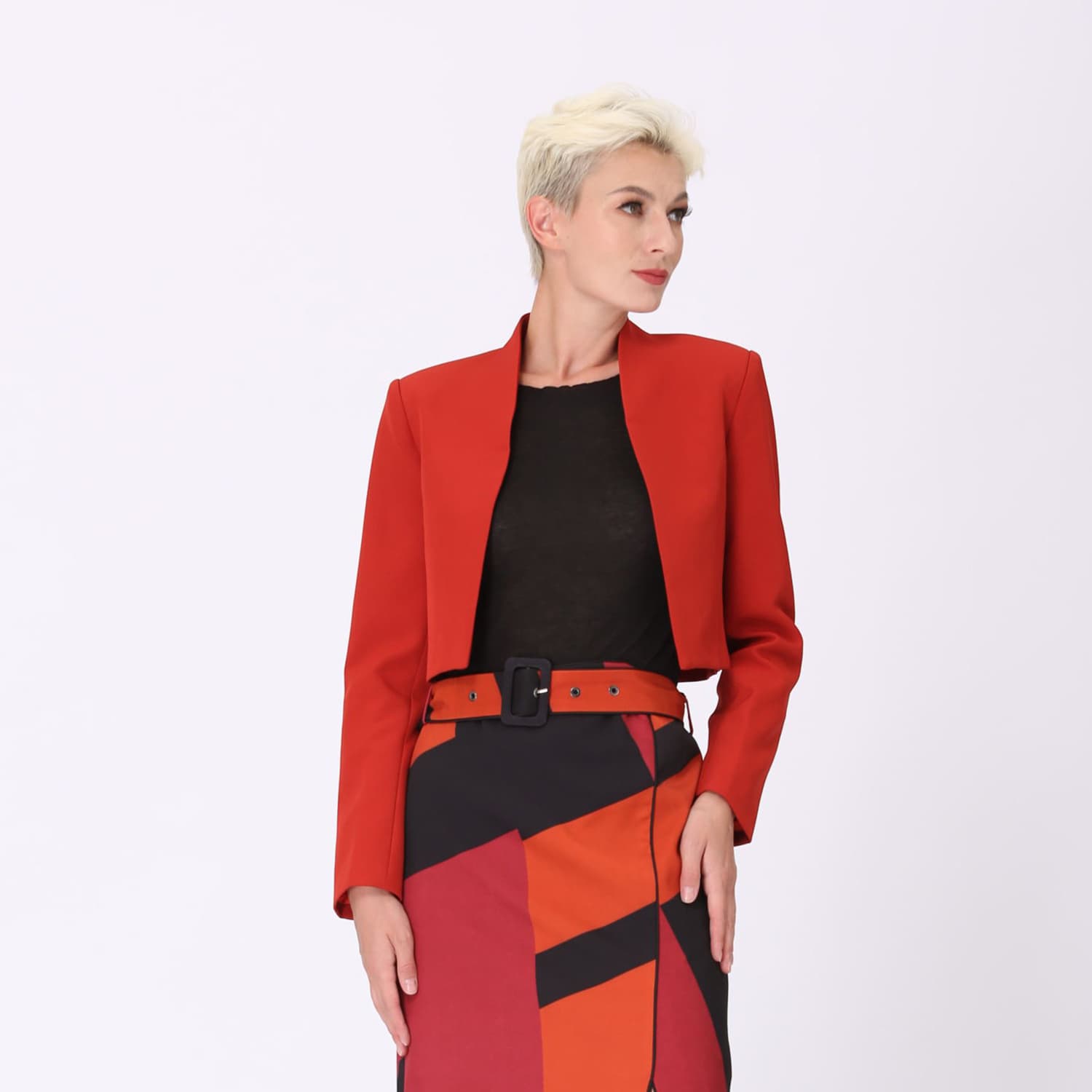 red short jacket for dress Retro Elegant Suit Red Short Jacket + Black Ruffle Lantern Sleeve Dres   Belchic