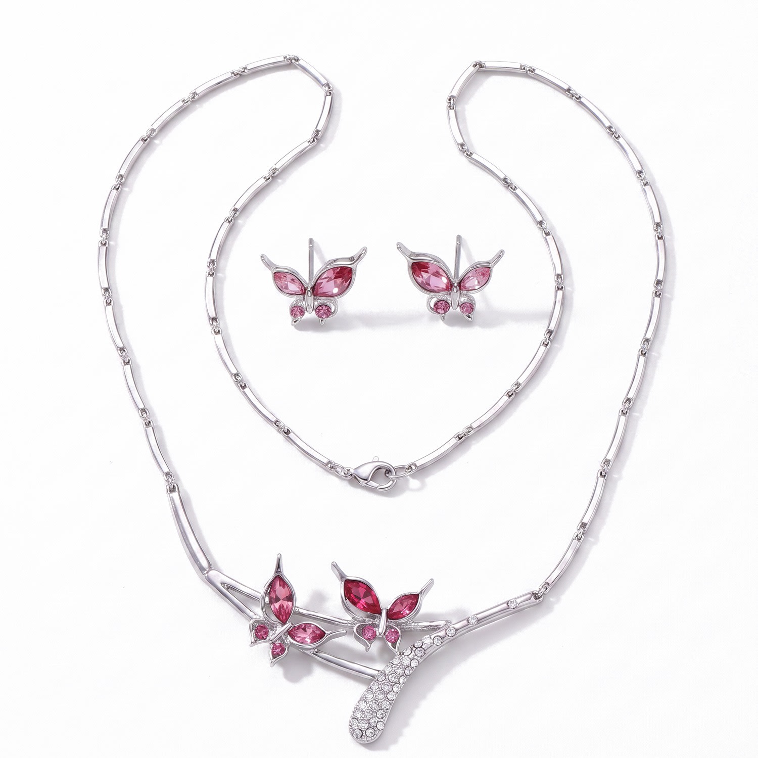 Women's Pink Butterfly Necklace And Earrings Jewelry Set | Modenaire