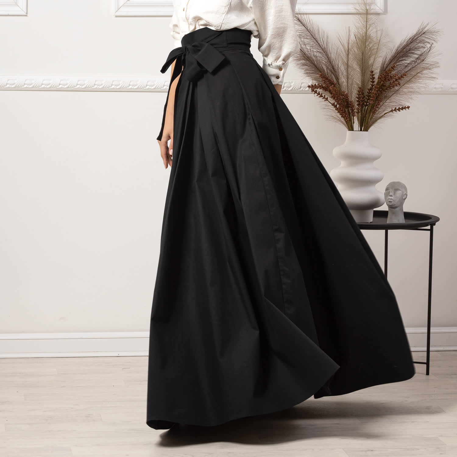 Maxi Cotton Elegant Skirt With Front Bow & High Waist In Black