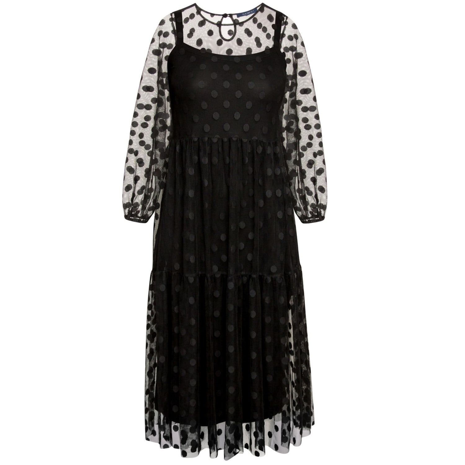 Amoresea Women's Splendid Black Midi Cocktail Dress With Chic Polka Dot Mesh In Black