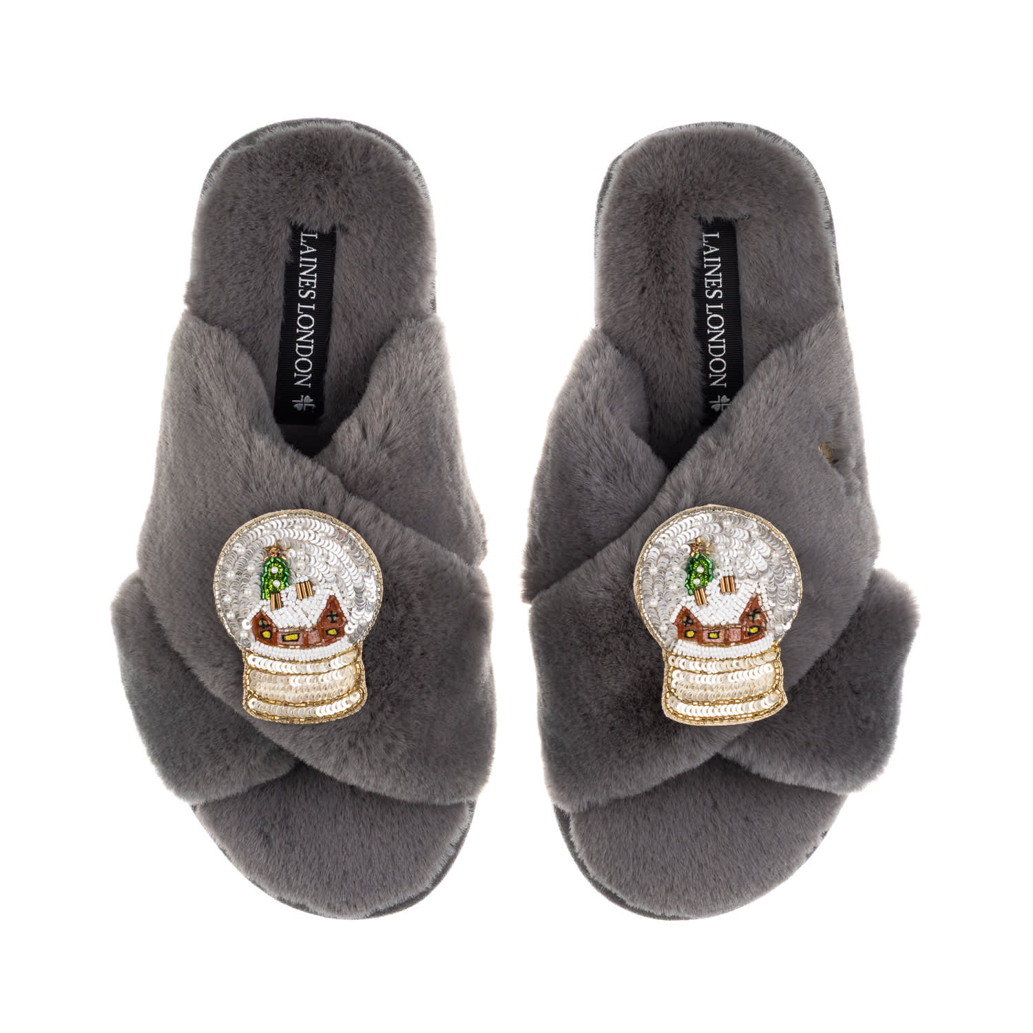 Laines London Women's Classic Laines Slippers Christmas Collection With Double Snow Globe Brooches - Grey In Gray