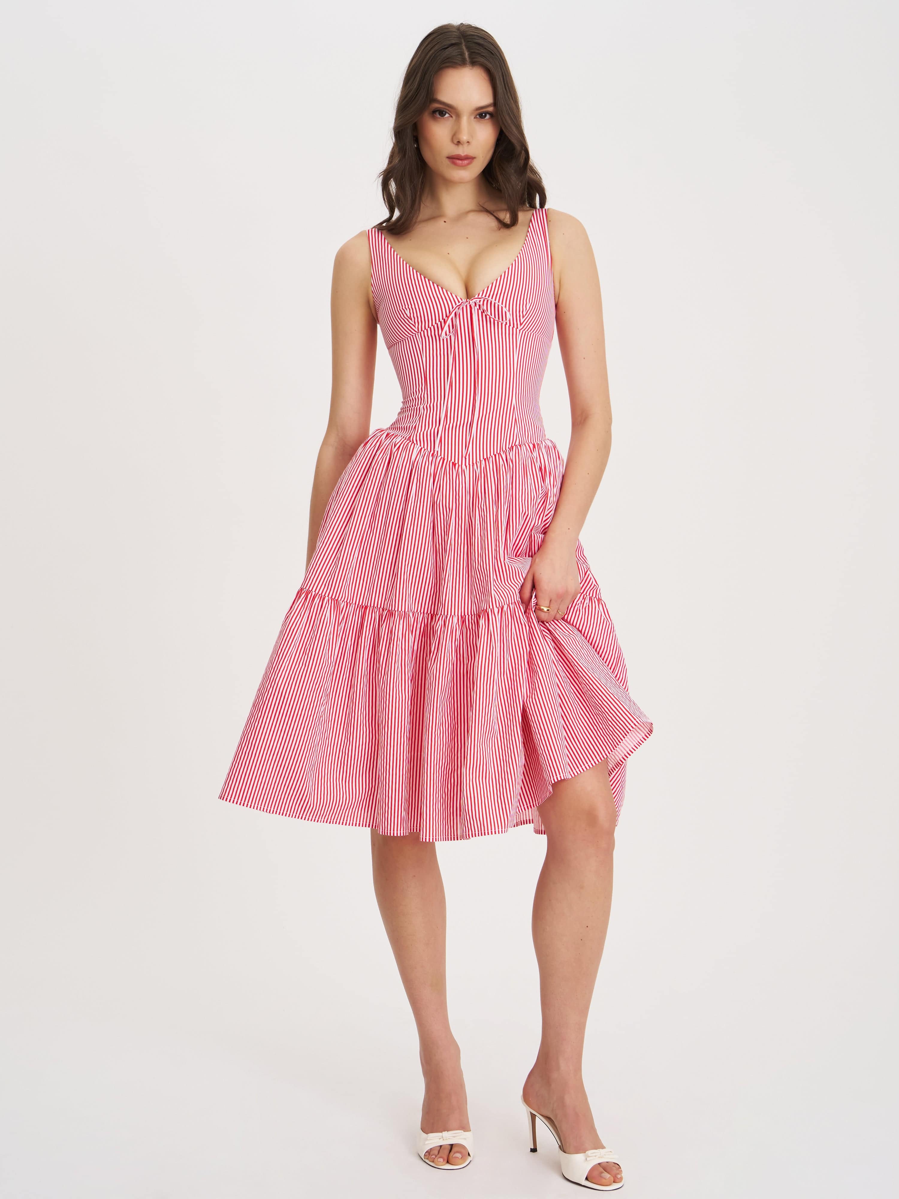 Oceana Red Candy Stripe Drop Waist Midi Dress | Miss Circle New York | Wolf  & Badger