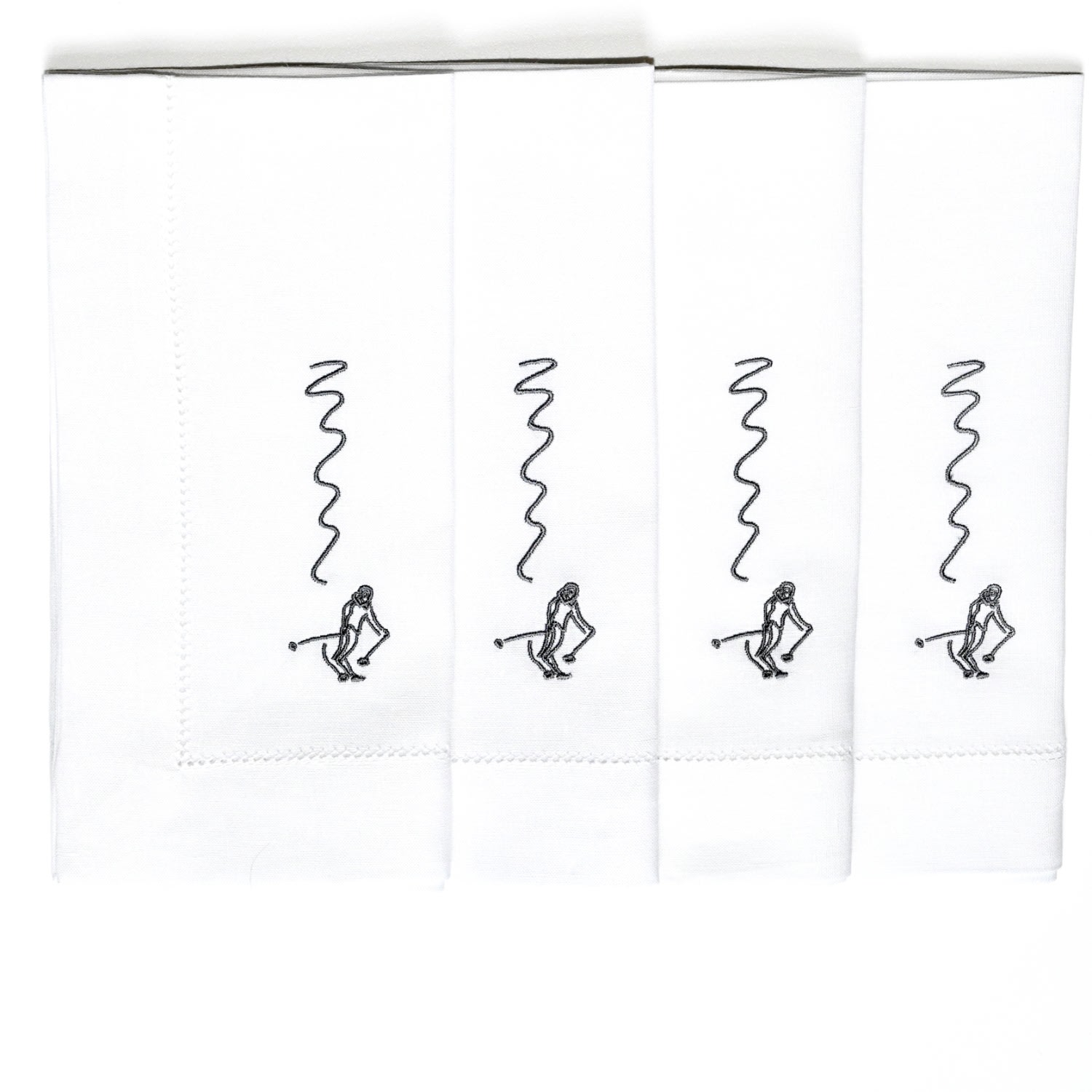 Dede Johnston Skiers Embroidered Napkin, Set Of Four, Charcoal Grey In White