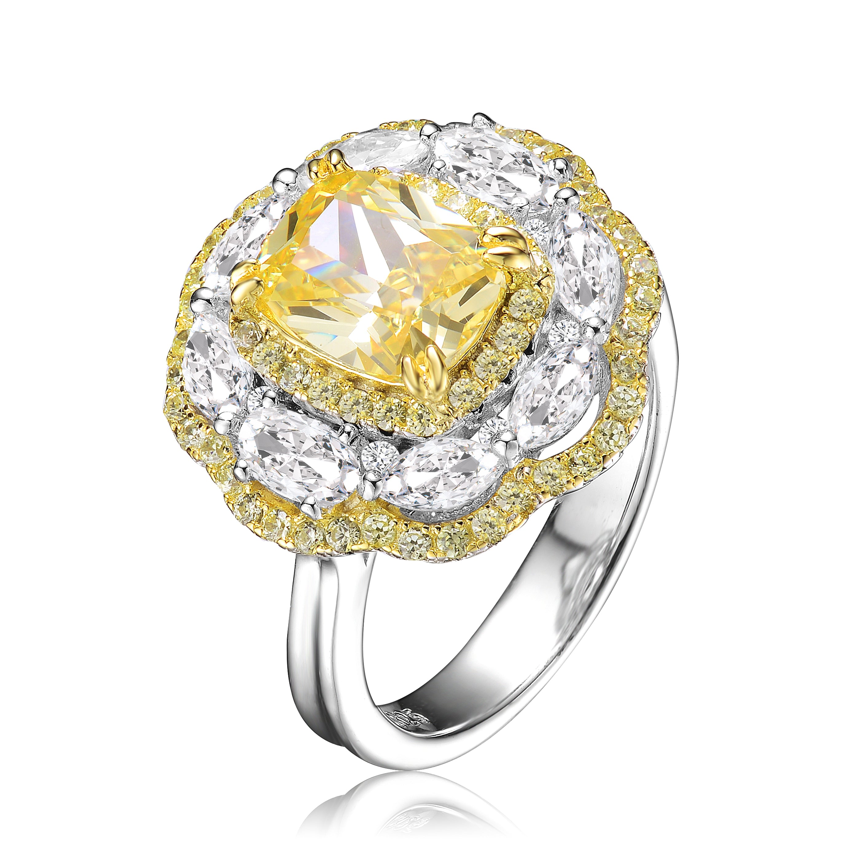 Women’s White / Yellow / Orange Sterling Silver Two Tone Cubic Zirconia Triple Halo Ring Genevive Jewelry