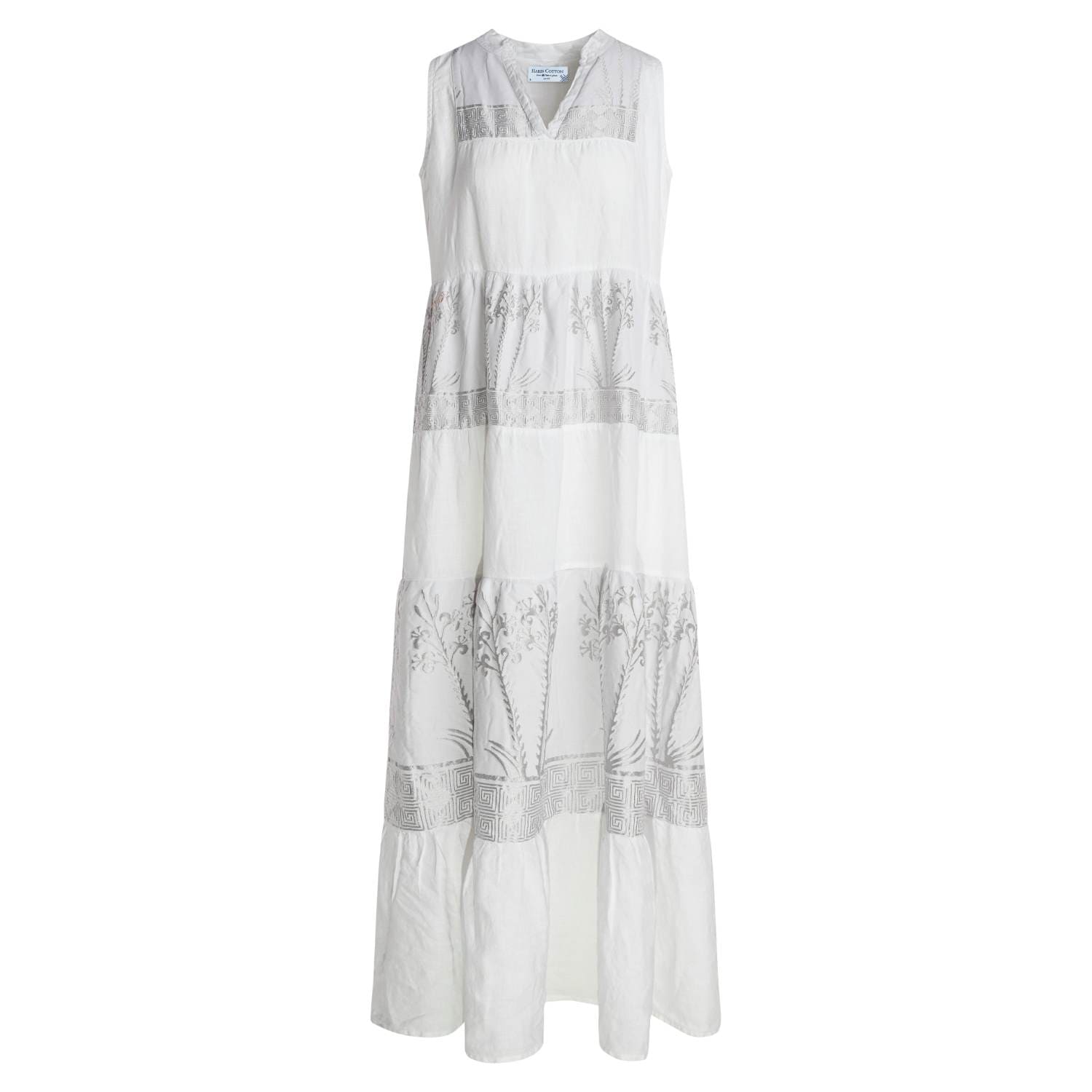 Haris Cotton Women's Maxi Linen Sleeveless Dress With Embroidered Details White Silver In White