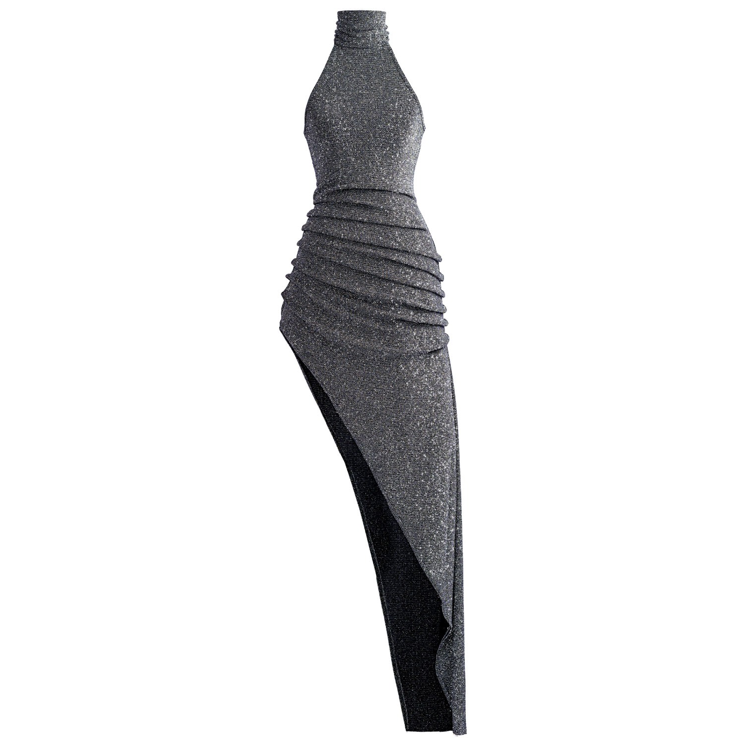 Women's Silver Sparkly Maxi Dress - Asymmetrical Hem, Bodycon Fitted | Extra Small | Kargede