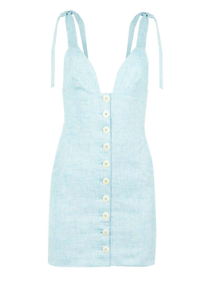 Blonde Gone Rogue Women's Linen Mini Dress, Upcycled Linen, In Sparkly Light Blue