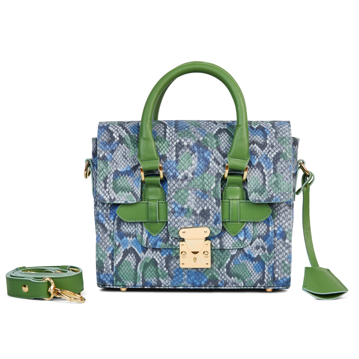 Kira Mini Leather Satchel Bag Green Python, Berberovic