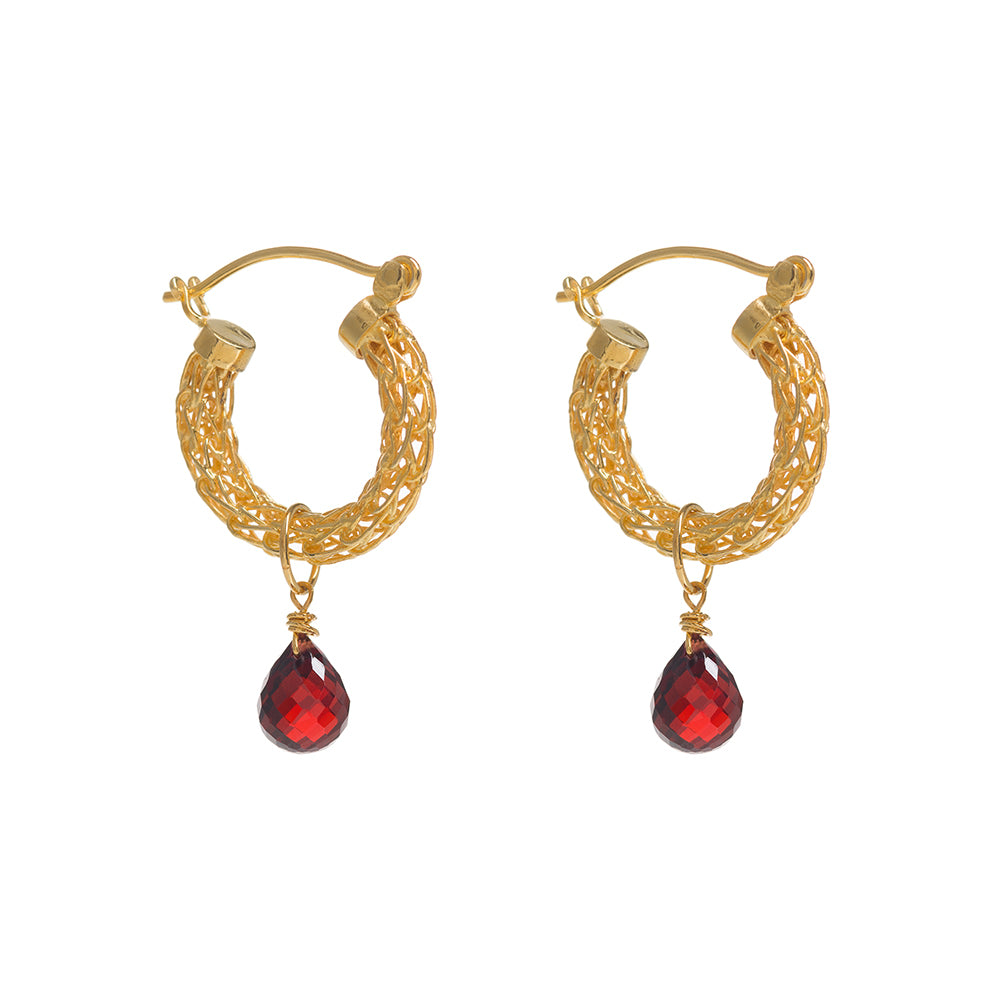 Freya Rose Women's Gold / Red Gold Weave Mini Hoops With Garnet Charm In Multi