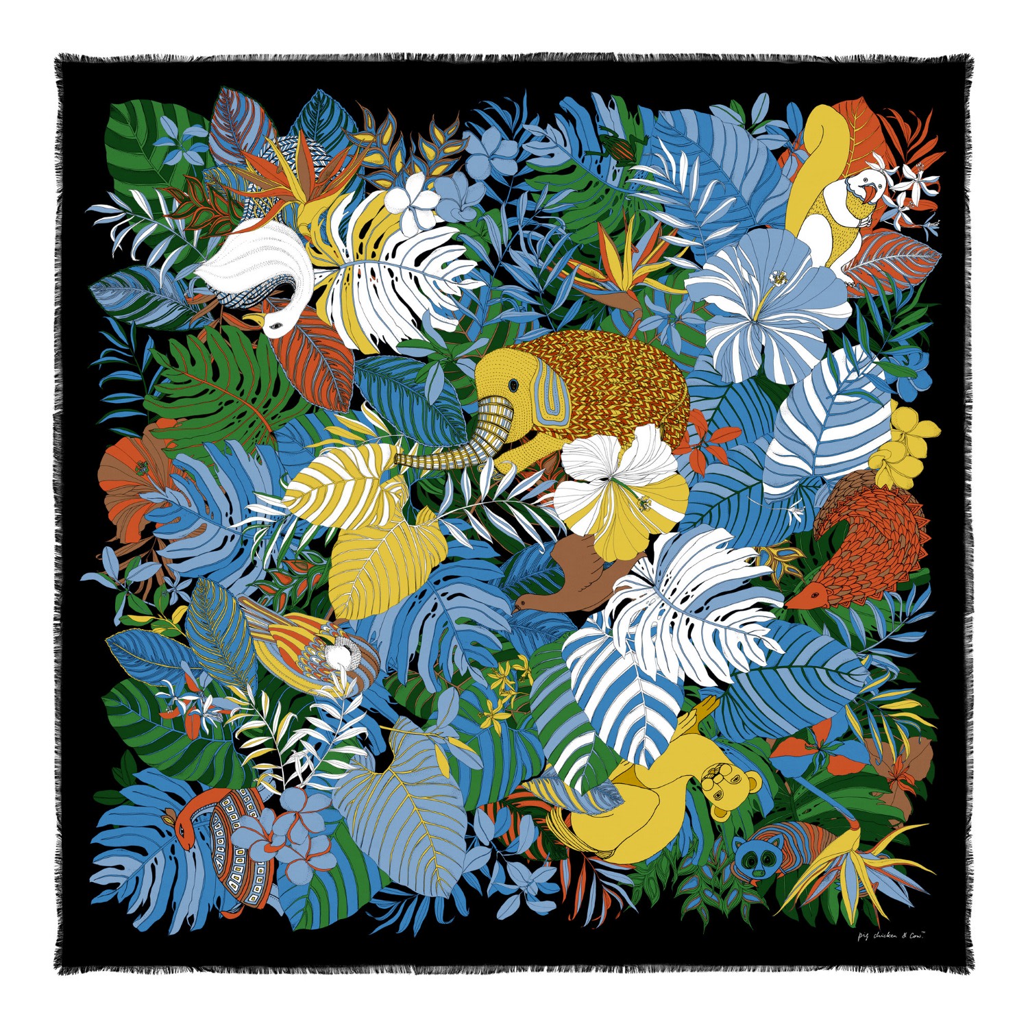 Women’s Cashmere Silk The Tropical Scarf Pig, Chicken & Cow