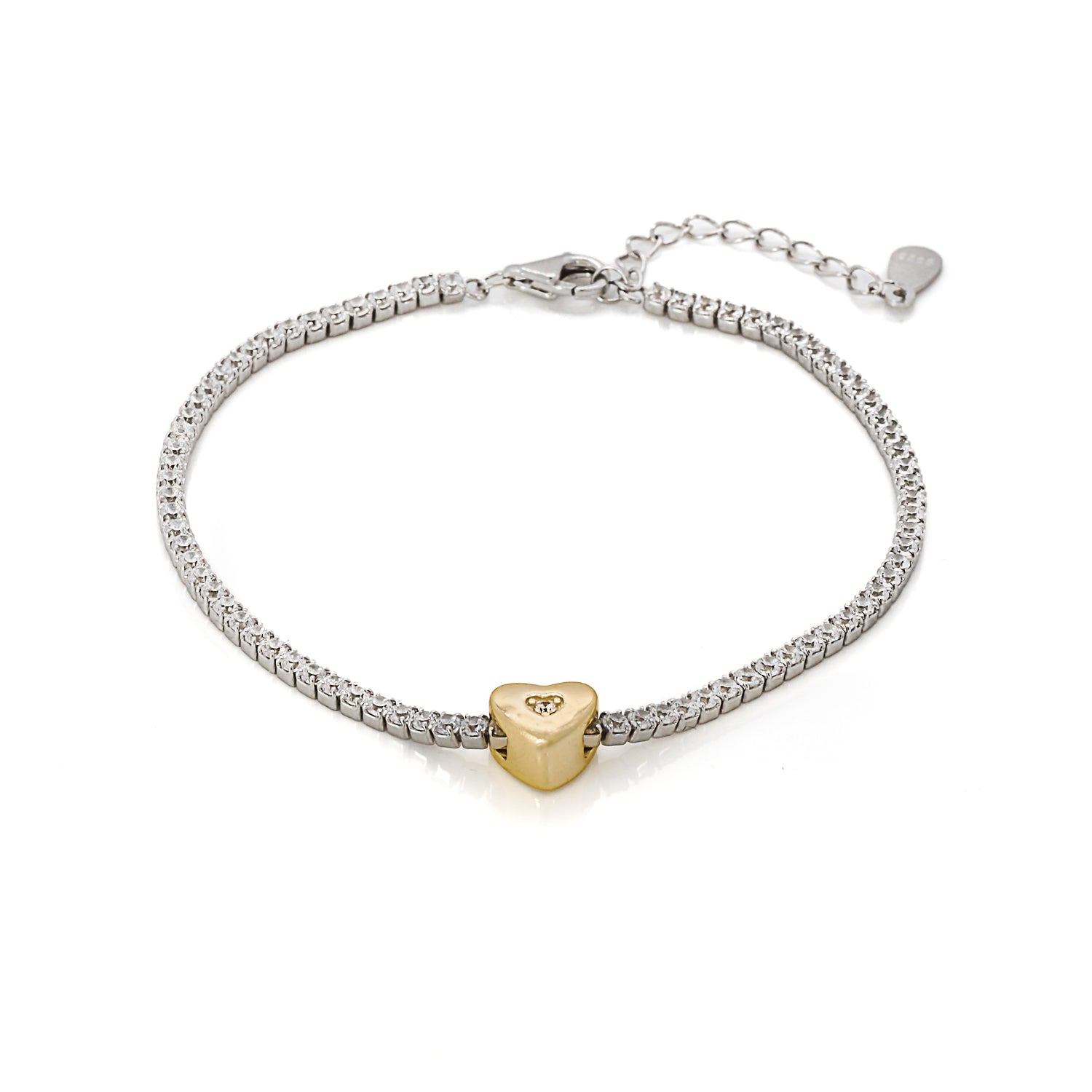 Women’s Gold / Silver Gold Heart Sterling Silver Diamond Tennis Bracelet - Silver Ebru Jewelry