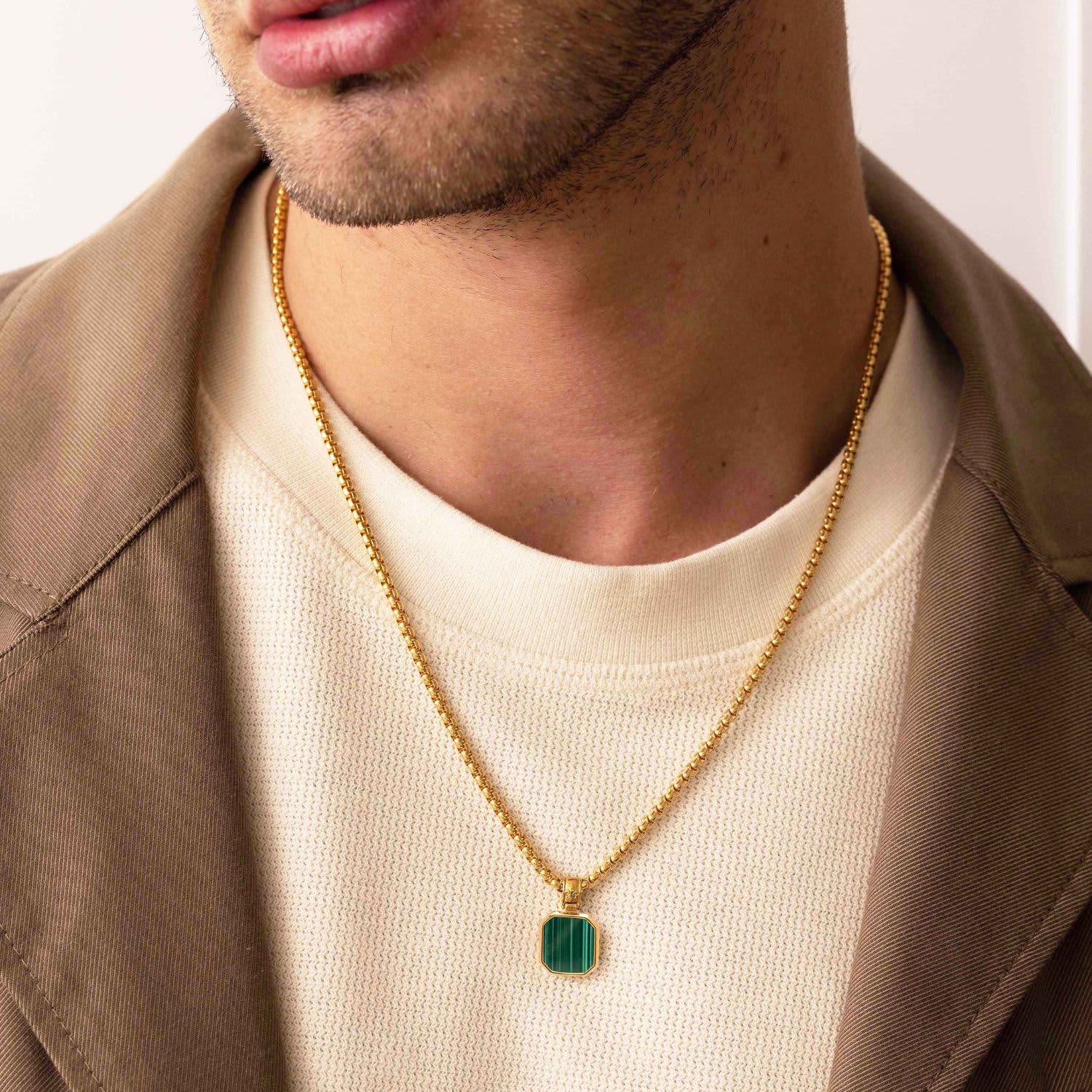 Gold Necklace With Square Malachite Pendant | Nialaya | Wolf & Badger