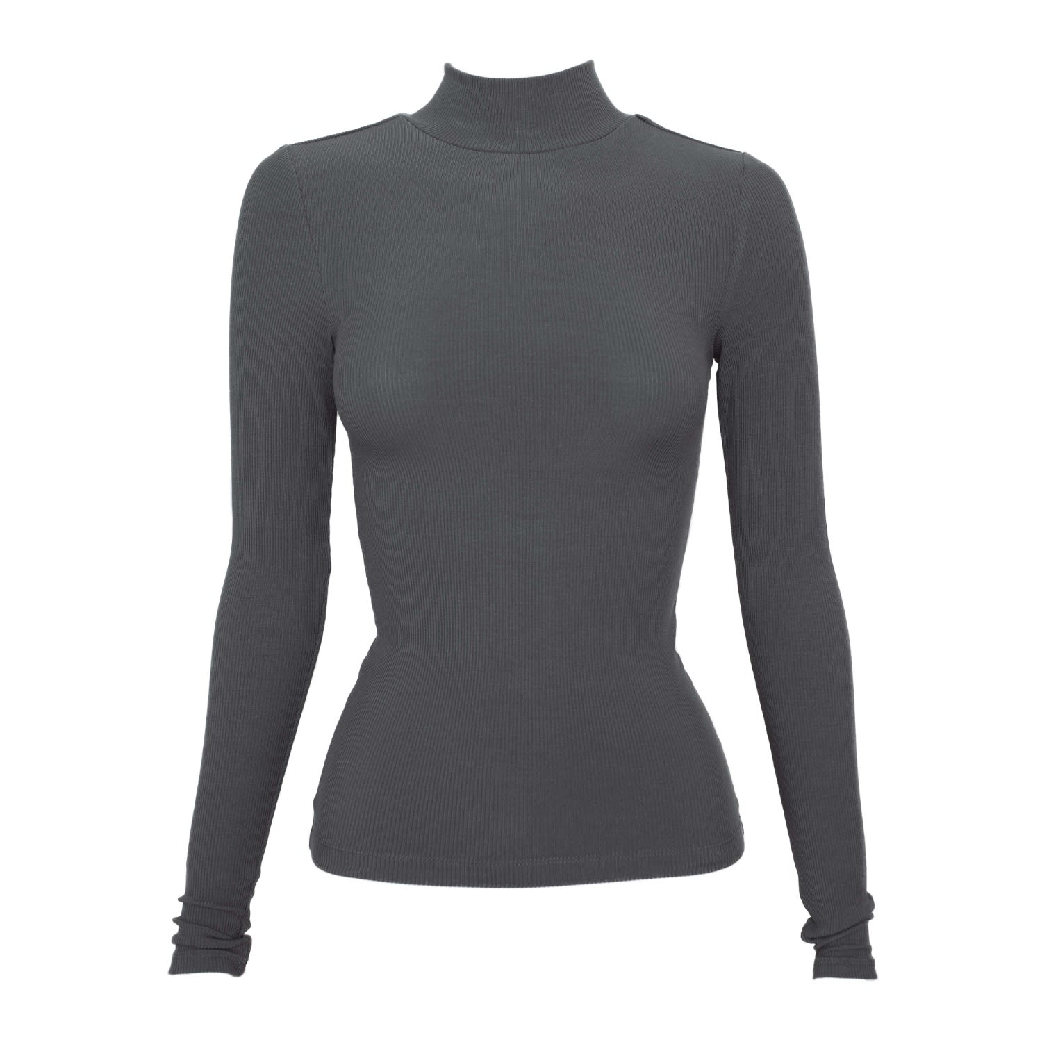 Vænn Women's Grey Mock Neck Long Sleeve Rib Tee Charcoal In Grey
