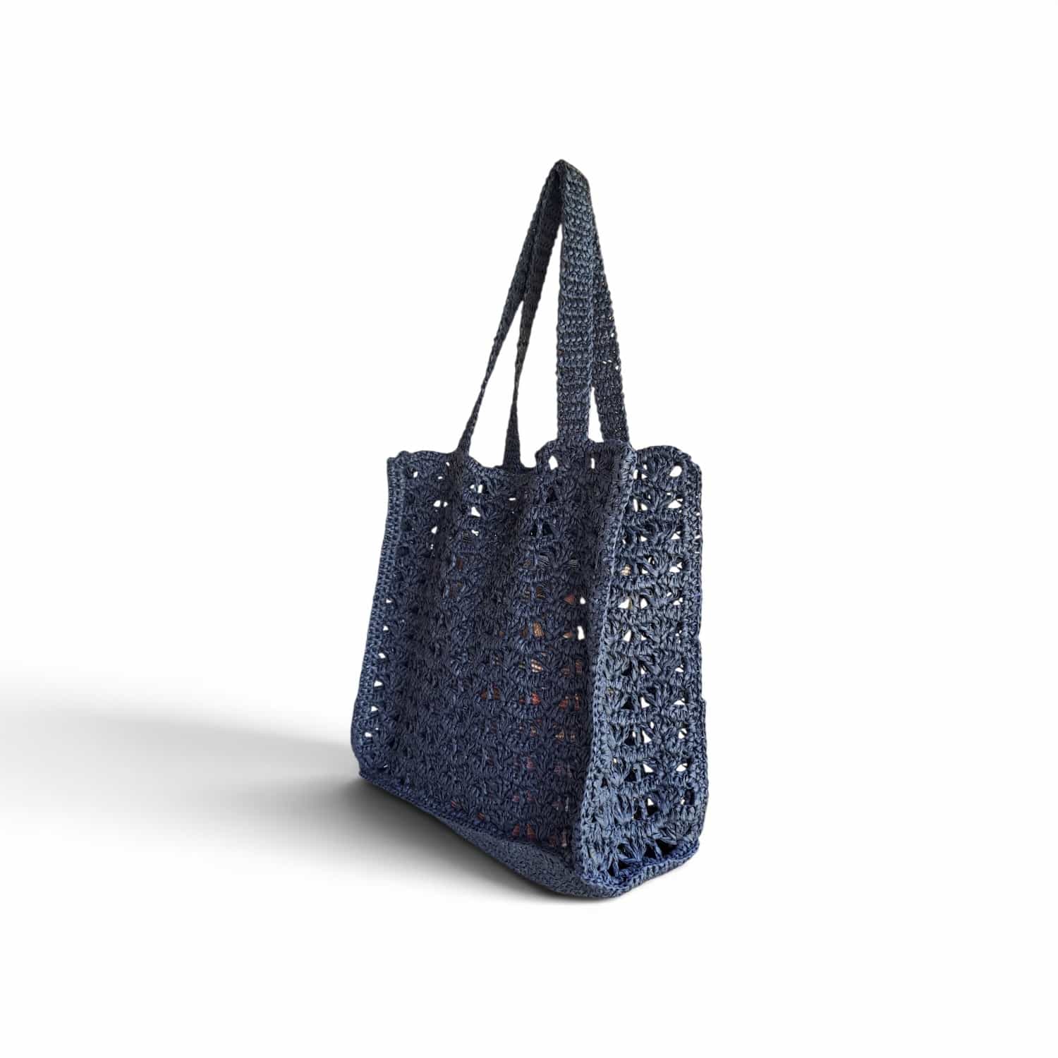 Luxury Midnight Black Handmade Raffia Tote Bag – Large Crochet