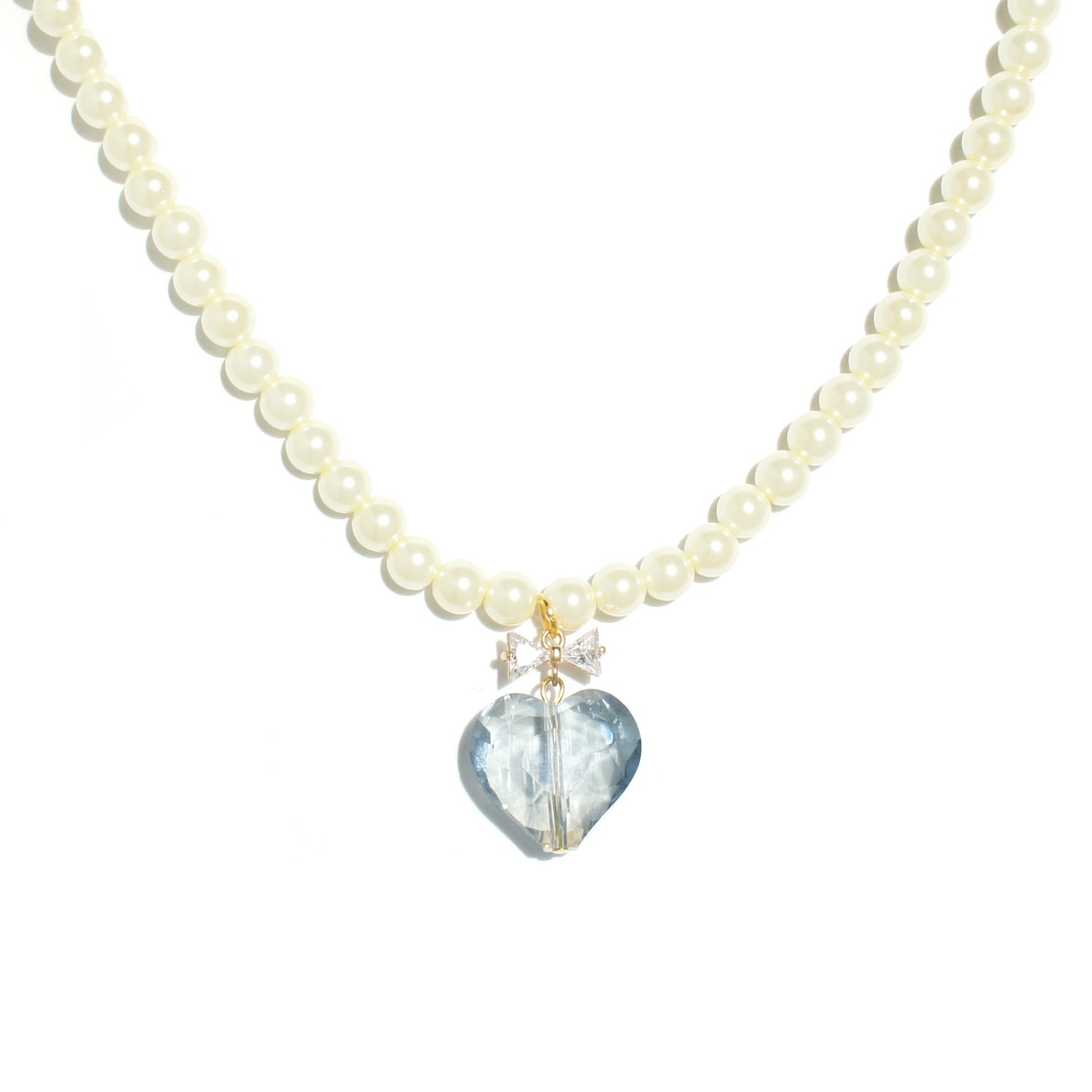 Women’s Whisper Of Heart Pearl Necklace With Crystal Bow And Faceted Heart Pendant - Blue I’mmany London