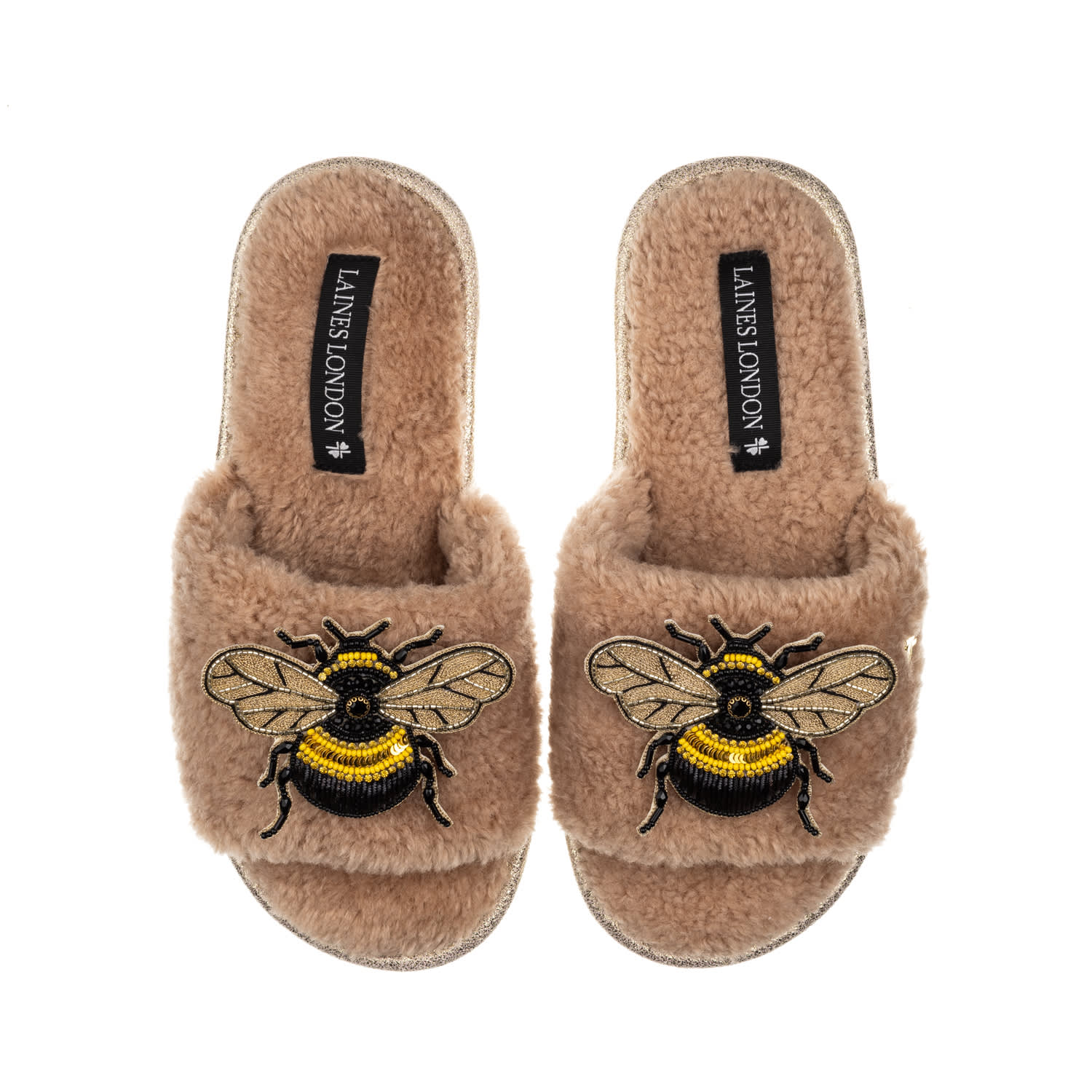 Laines London Women's Brown Teddy Toweling Slipper Sliders With Double Honeybee Brooches - Toffee In Brown
