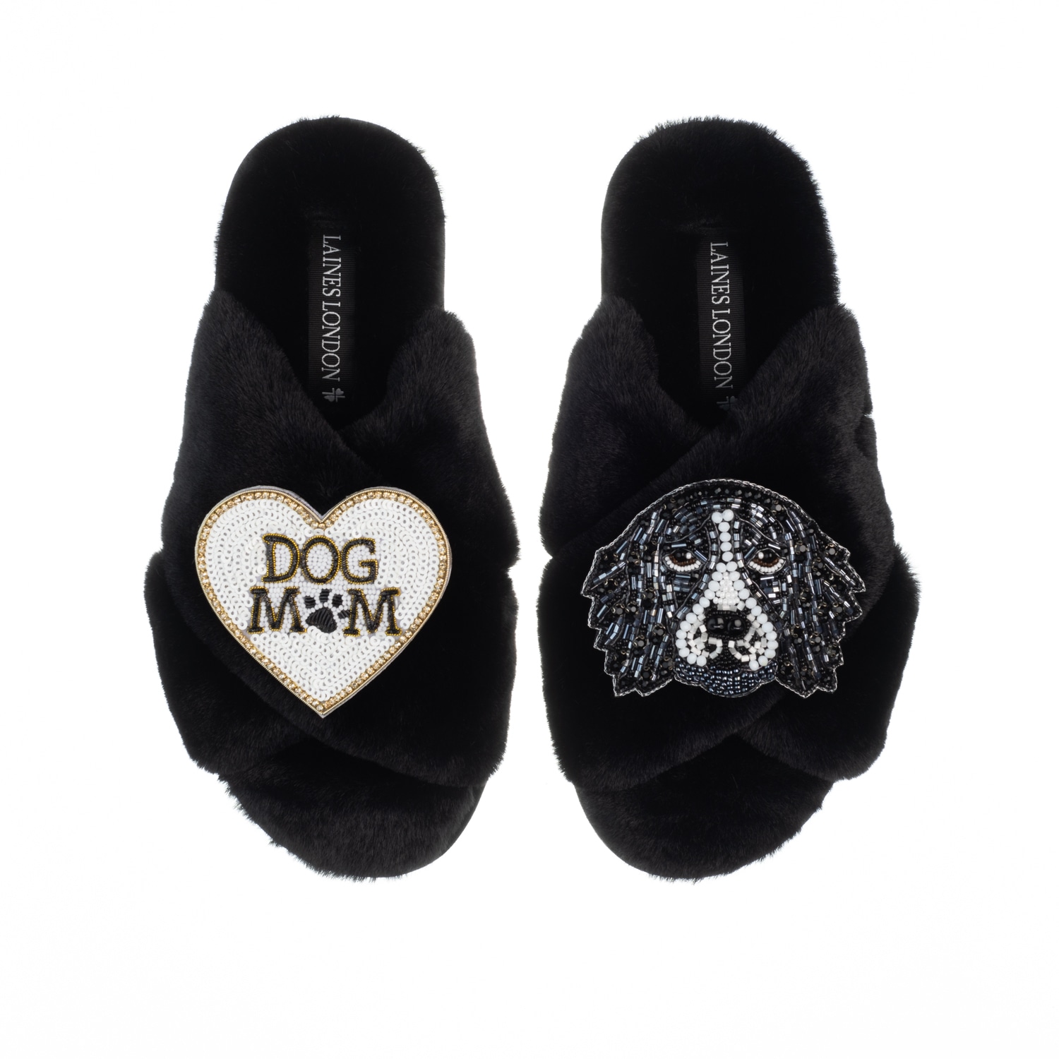 Women’s Classic Laines Slippers With Bentley The Spaniel & Dog Mum / Mom Brooches - Black Small Laines London