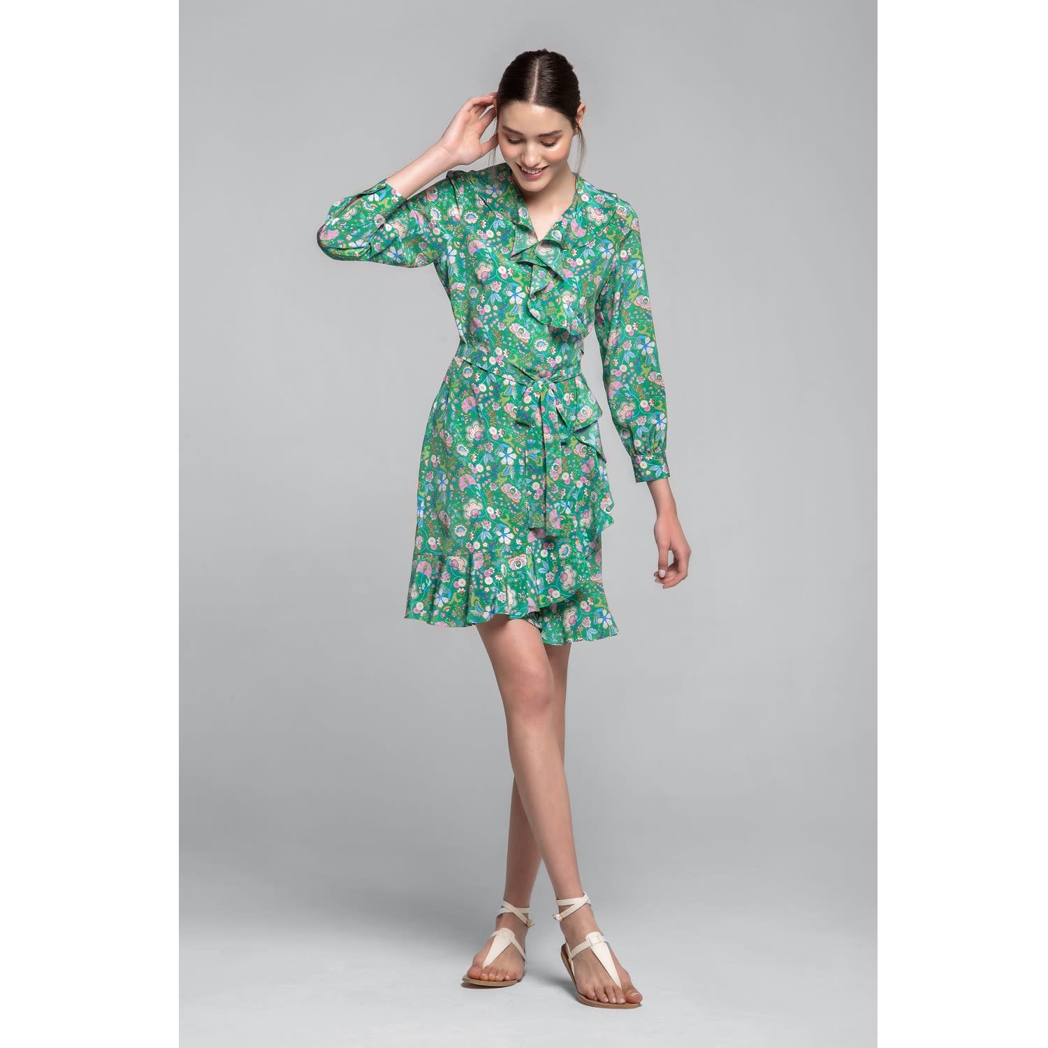 green silky wrap dress
