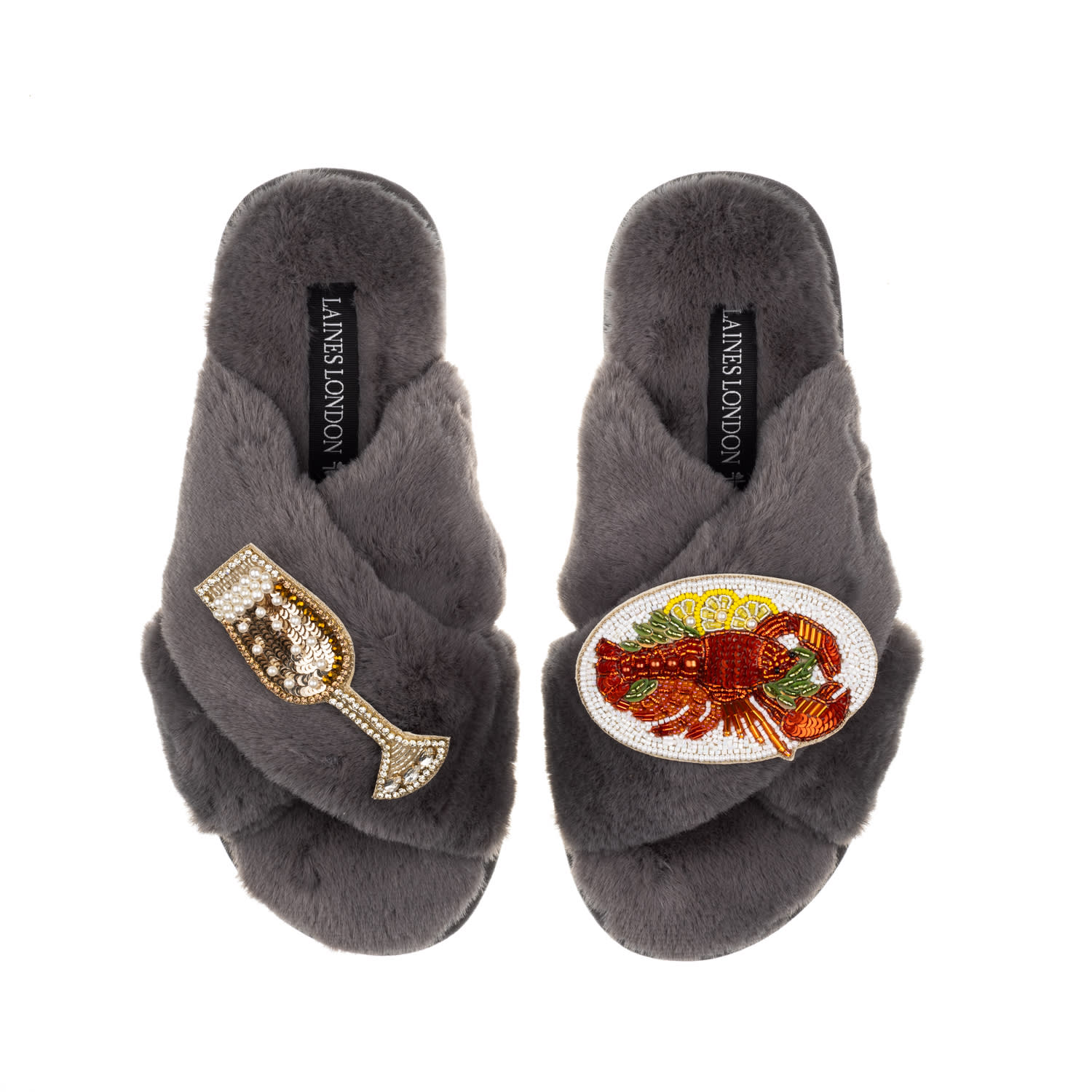 Laines London Women's Classic Laines Slippers With Lobster Platter & Glass Of Fizz Brooches - Grey In Grey