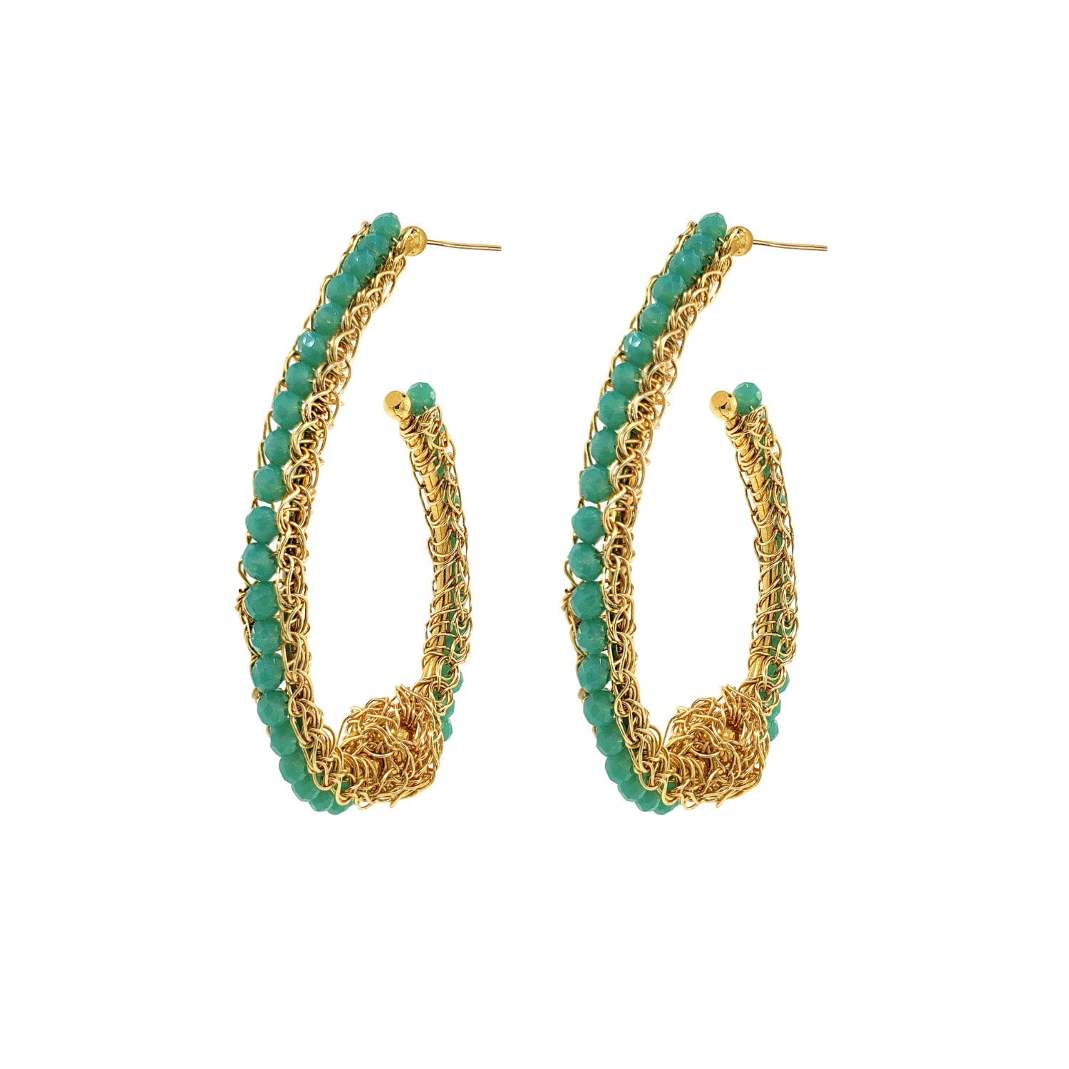 Lavish By Tricia Milaneze Women's Gold / Green / Blue Turquoise & Gold Ovaly Hoops Handmade Crochet Earrings