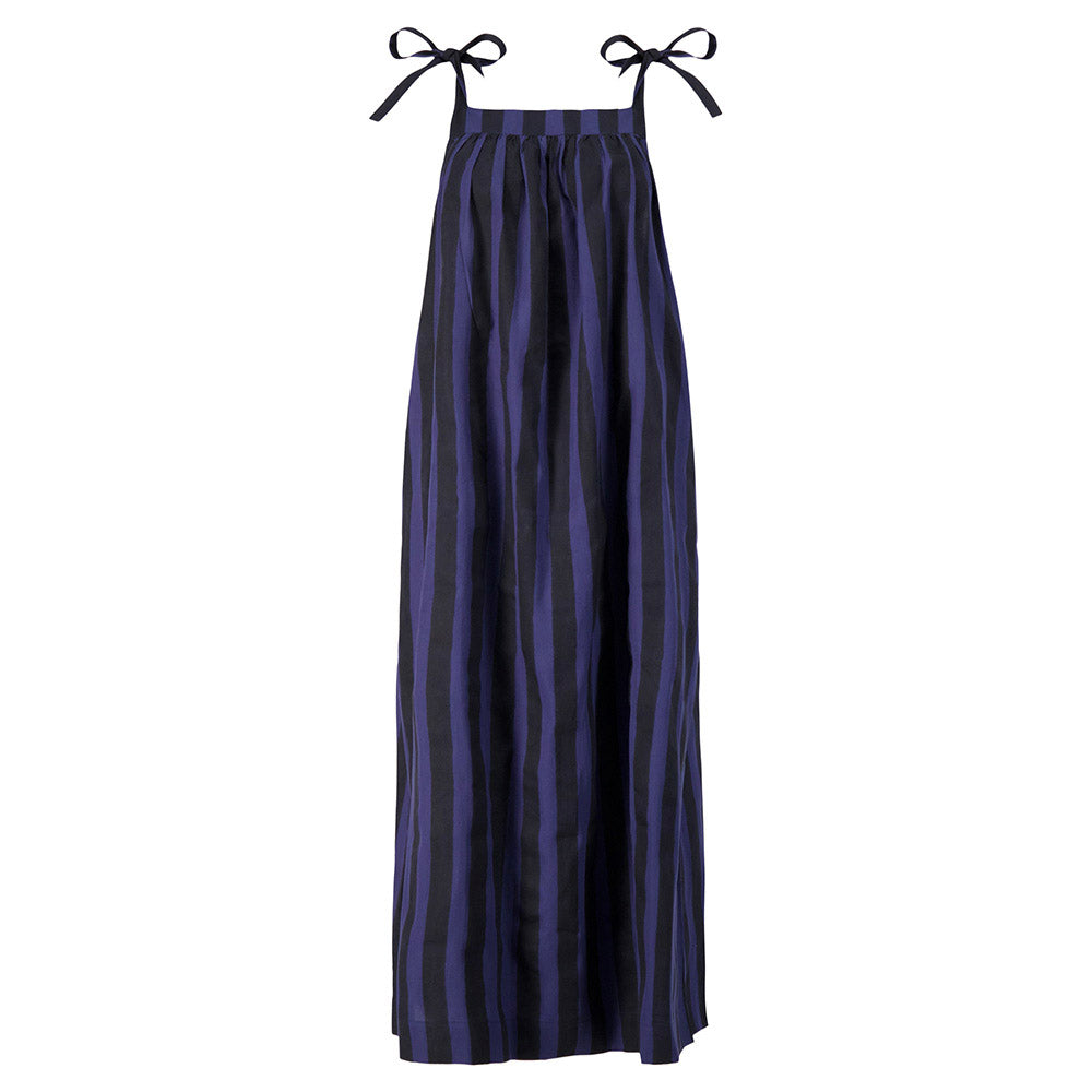 Women’s Black / Blue Maxi Mimi Adjustable Shoulder Tie Organic Cotton Long Maxi Dress With Side Pockets In Midnight Navy Cabana Stripe Block Print One Size Kate Austin Designs