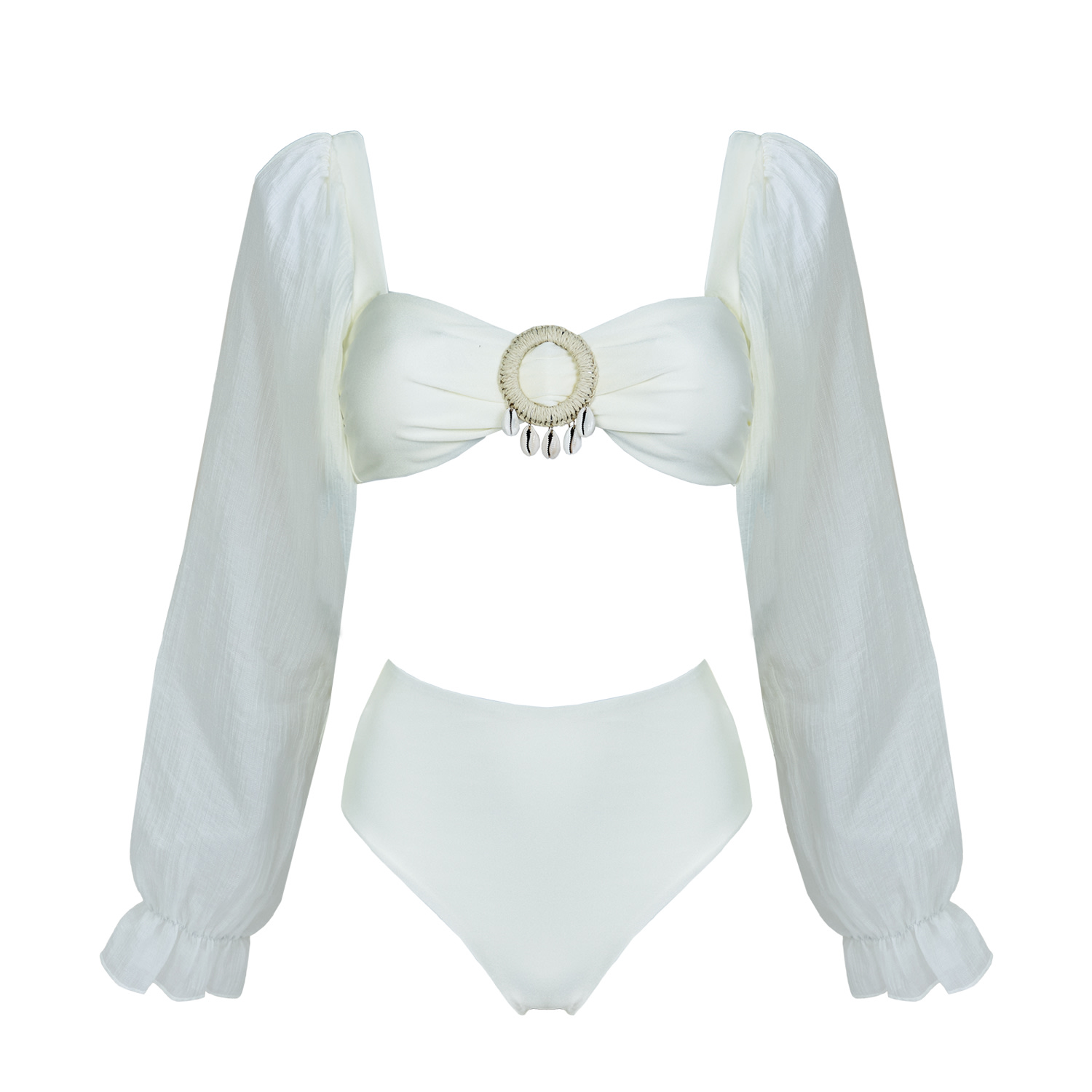 Aulala Paris Women's White The Siren's Whisper - Long Sleeve High Waist Swimsuit With Seashell In White