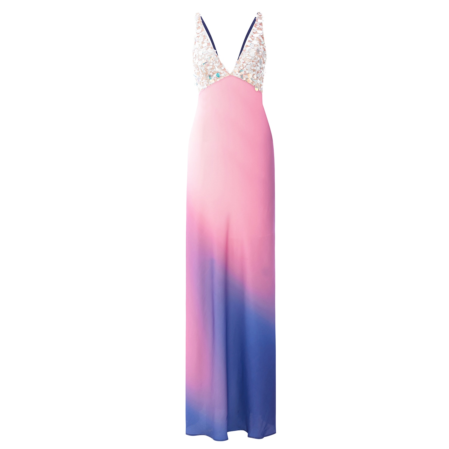 Fickle Hearts Women's Sirene Satin Sequin Degraded Color Pink And Blue Maxi Reception Dress