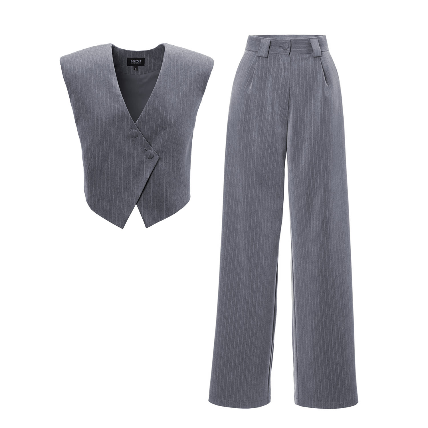 Bluzat Grey Pinstripe Suit With Asymmetrical Vest And Wide Leg Trousers In Grey