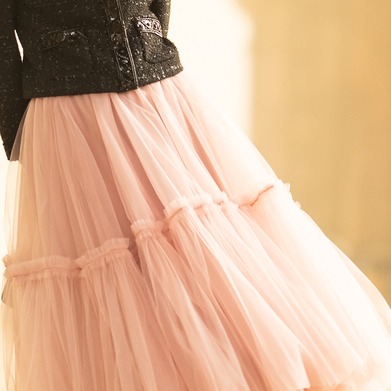 Ruffled Tulle Maxi Skirt In Ash Rose – Tiered Hem And Shimmer