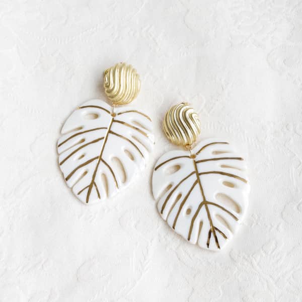 Poporcelain Golden Monstera Leaf Statement Earrings