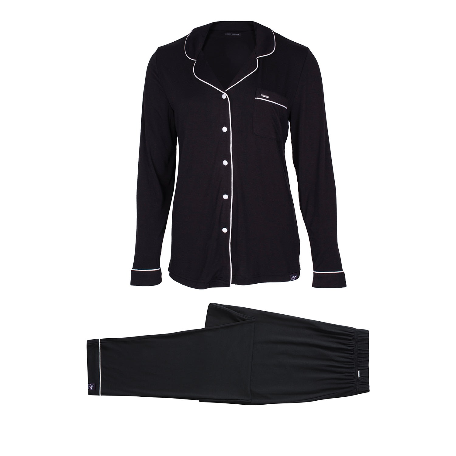 Pretty You Women's Bamboo Long Sleeved Trouser Pyjama Set In Black In Black