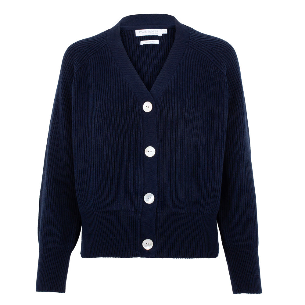 Blue Womens Cotton Oversized V Neck Ribbed Tilda Cardigan - Navy Small Paul James Knitwear