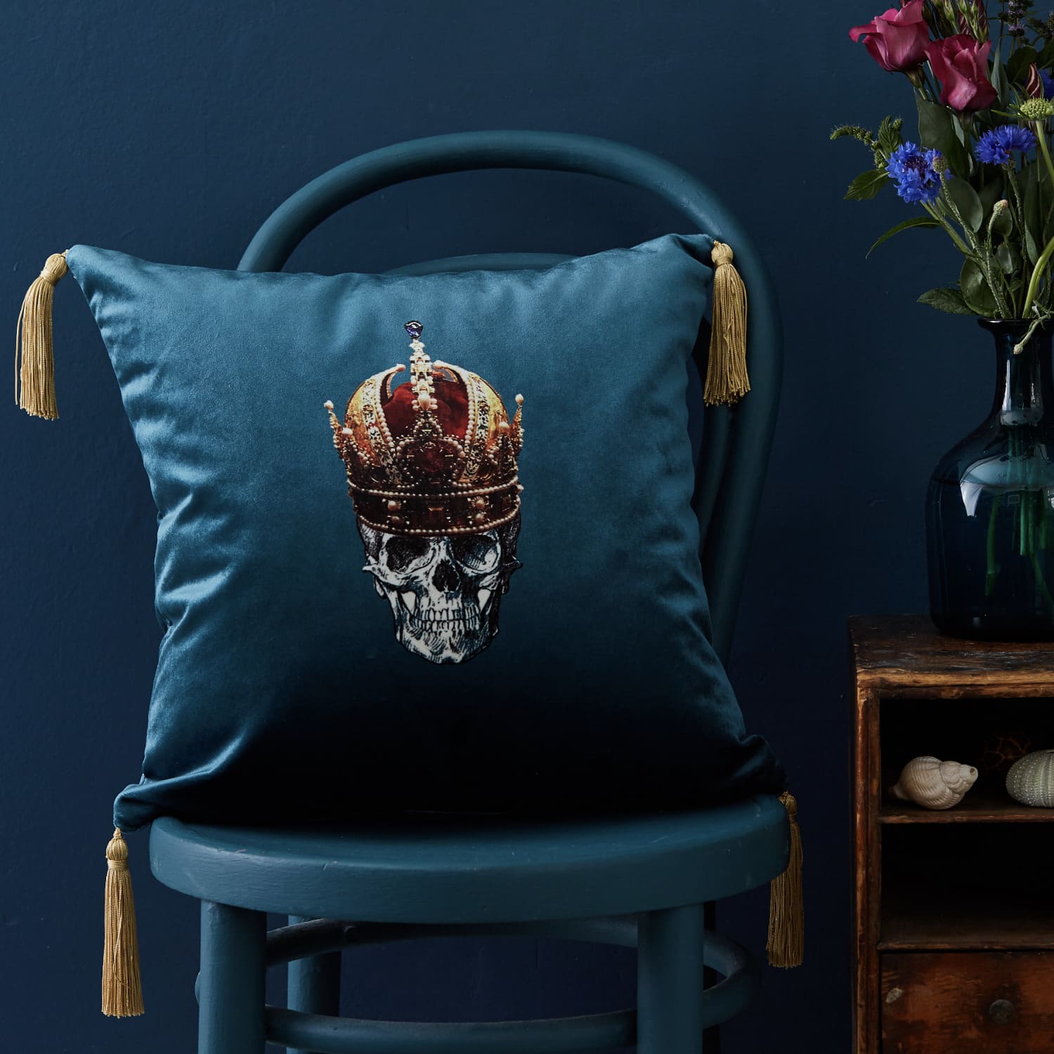 Skull In Crown Blue Velvet Cushion Melody Rose London Wolf Badger