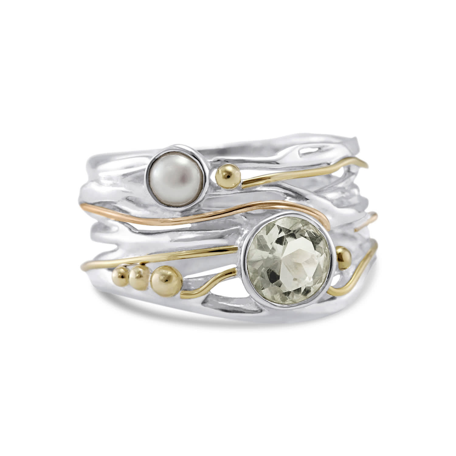 Isla Silver Women's Silver / Green / White Pearl & Green Amethyst Ring In Sterling Silver With Gold Details