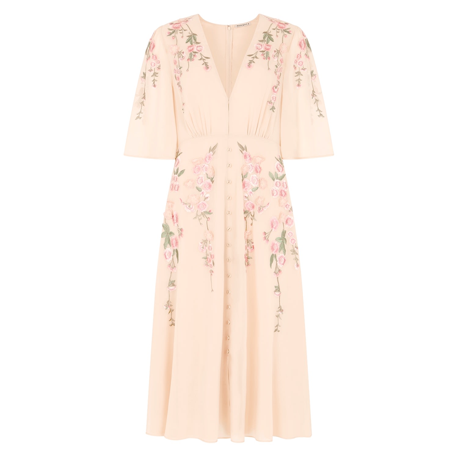 Women’s Neutrals The Celina 3D Floral Embroidered Flutter Sleeve Plunge Front Button Midi Dress Extra Large Hope and Ivy