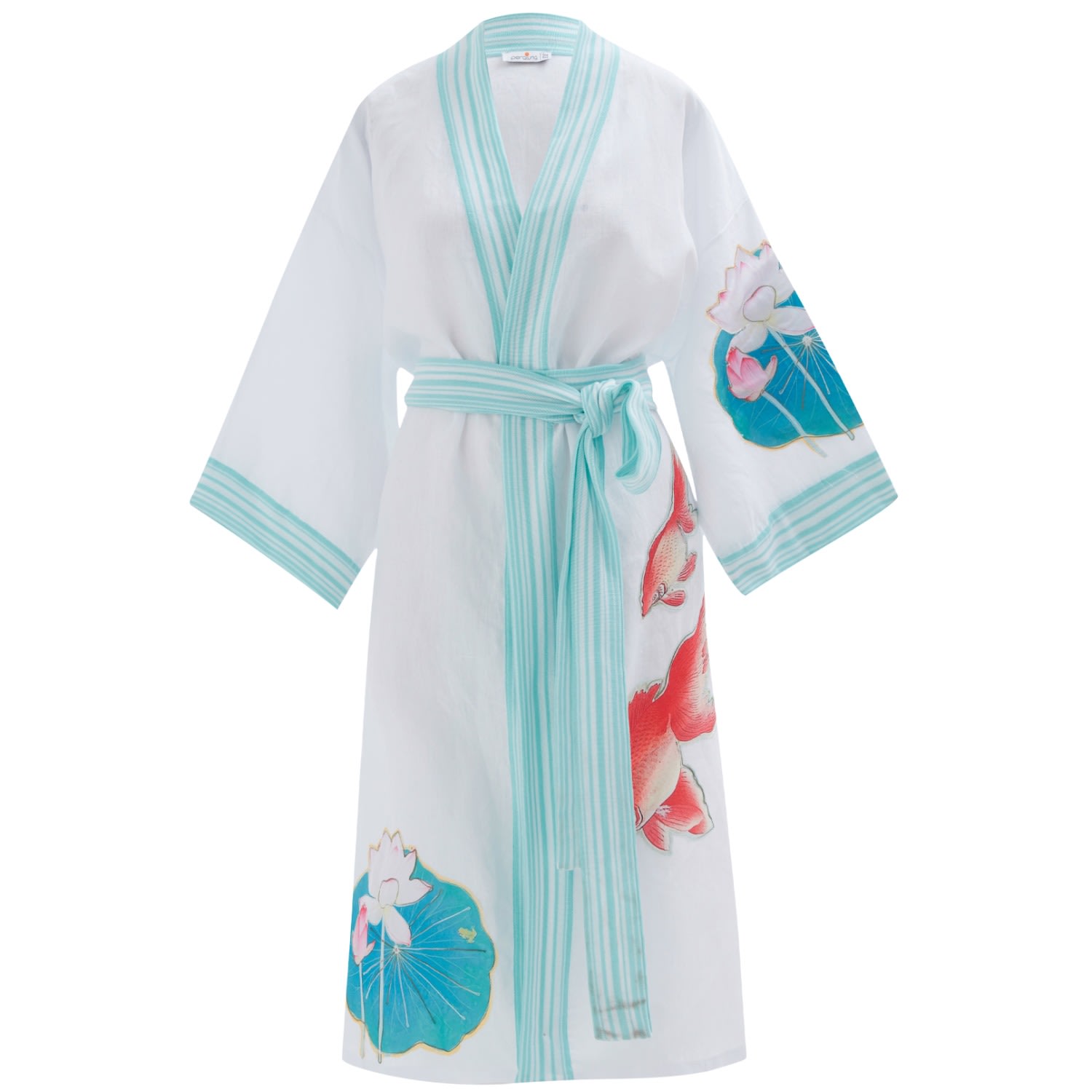Peraluna Women's Lotus Flower And Fish Applique Linen Kimono - White In Blue