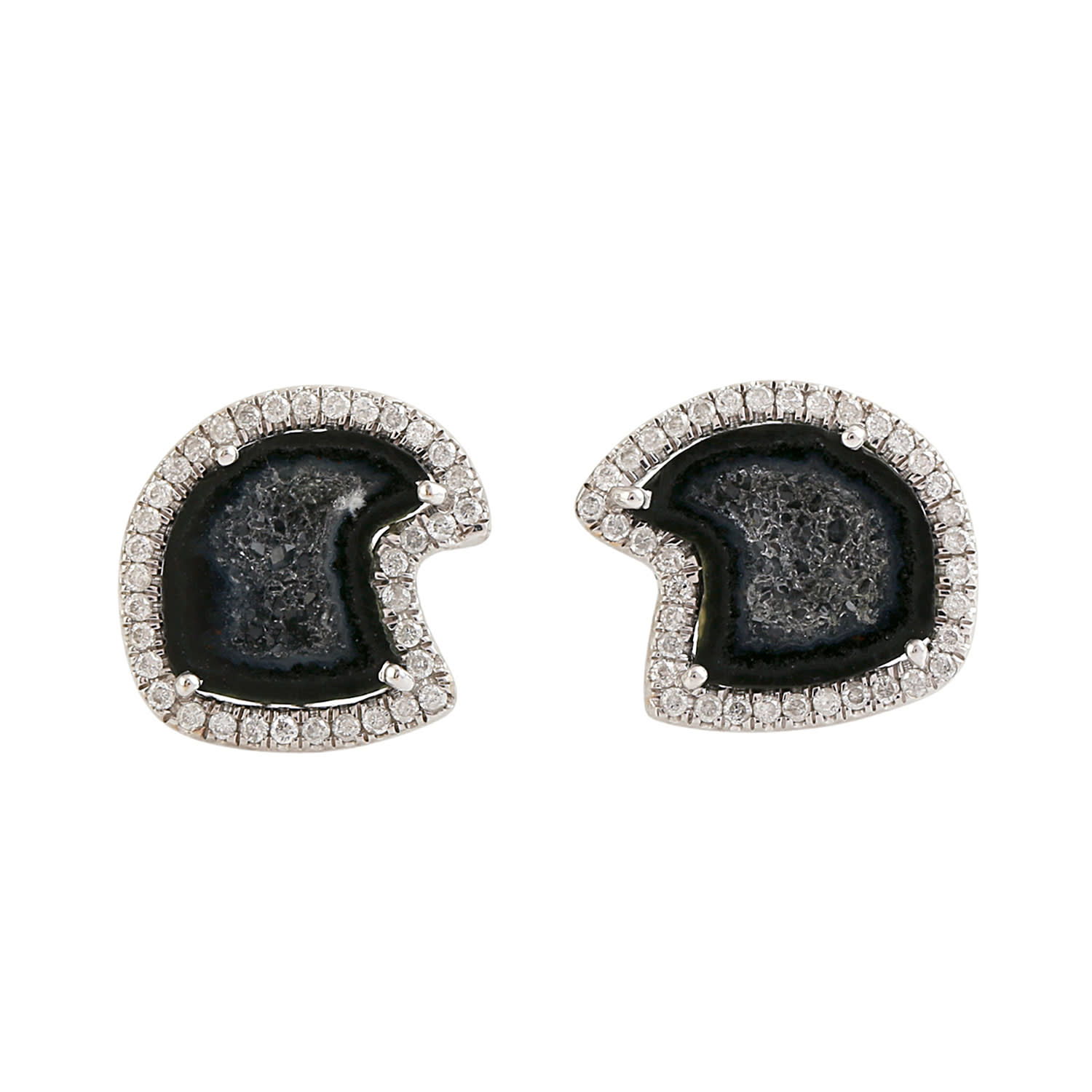 Artisan Women's White / Black Geode Gemstone Pave Diamond Stud Earrings In White Gold
