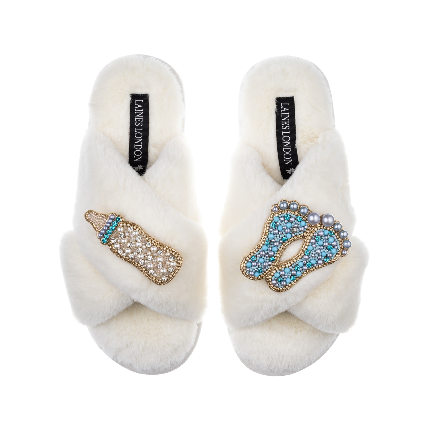Laines London Women's White Classic Laines Slippers With New Baby Boy Brooches - Cream In White