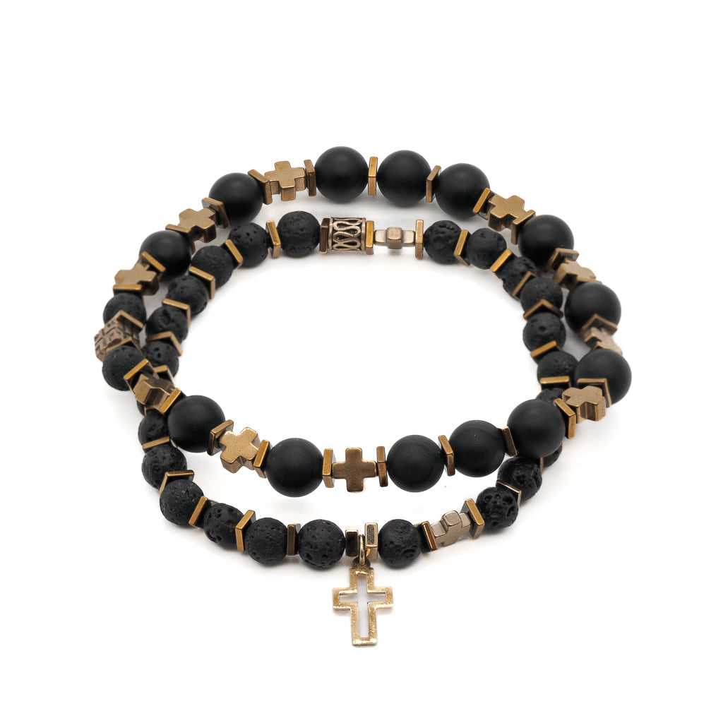 Men’s Gold / Black Gold Cross Black Onyx Stone Beaded Bracelet Set - Black Ebru Jewelry