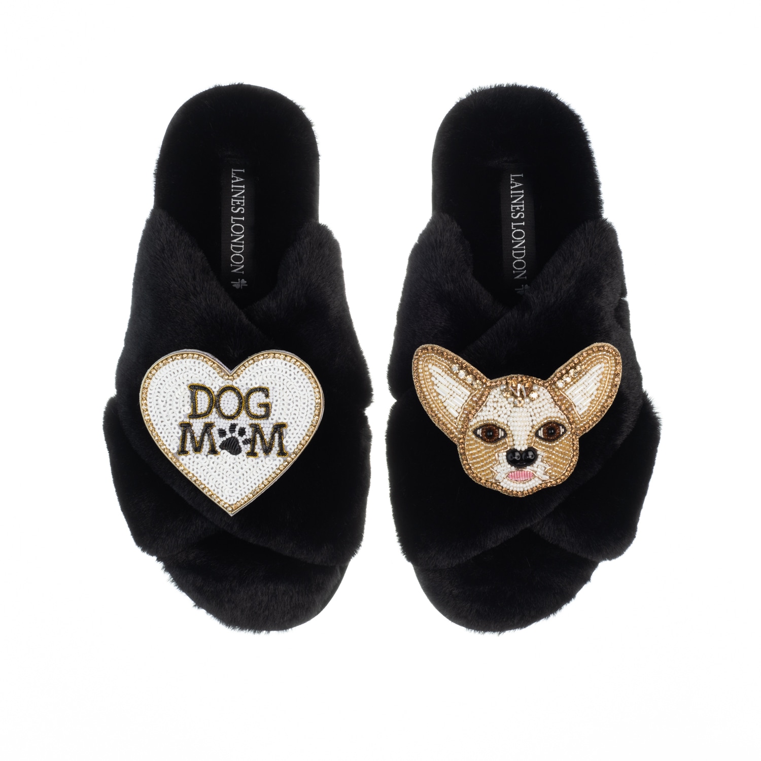 Women’s Classic Laines Slippers With Princess Chihuahua & Dog Mum / Mom Brooches - Black Small Laines London