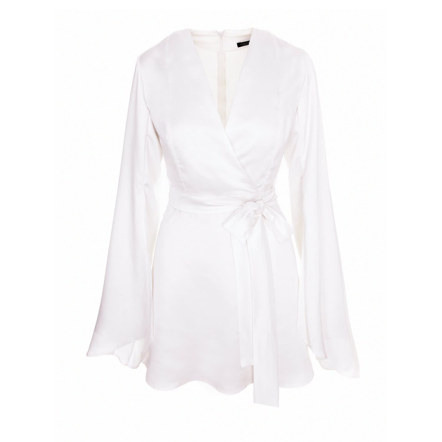 【WOOHWA】SATIN BACK SLIT SK Satin Short Dress With Arm Slit - White | AVENUE No.29