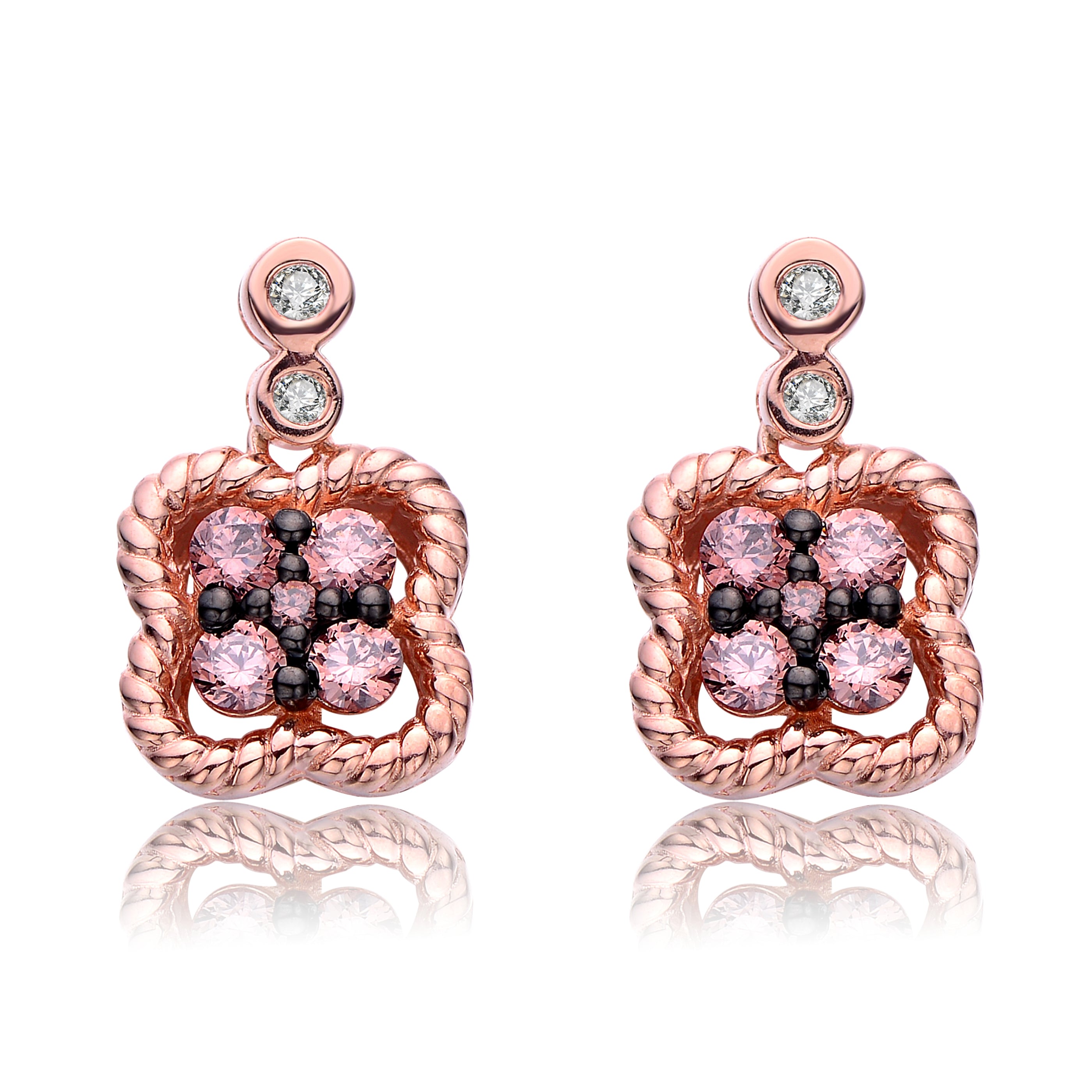 Women’s Rose Gold / Pink / Purple Sterling Silver Rose Gold Plated Black & Champagne Round Cubic Zirconia Drop Earrings Genevive Jewelry