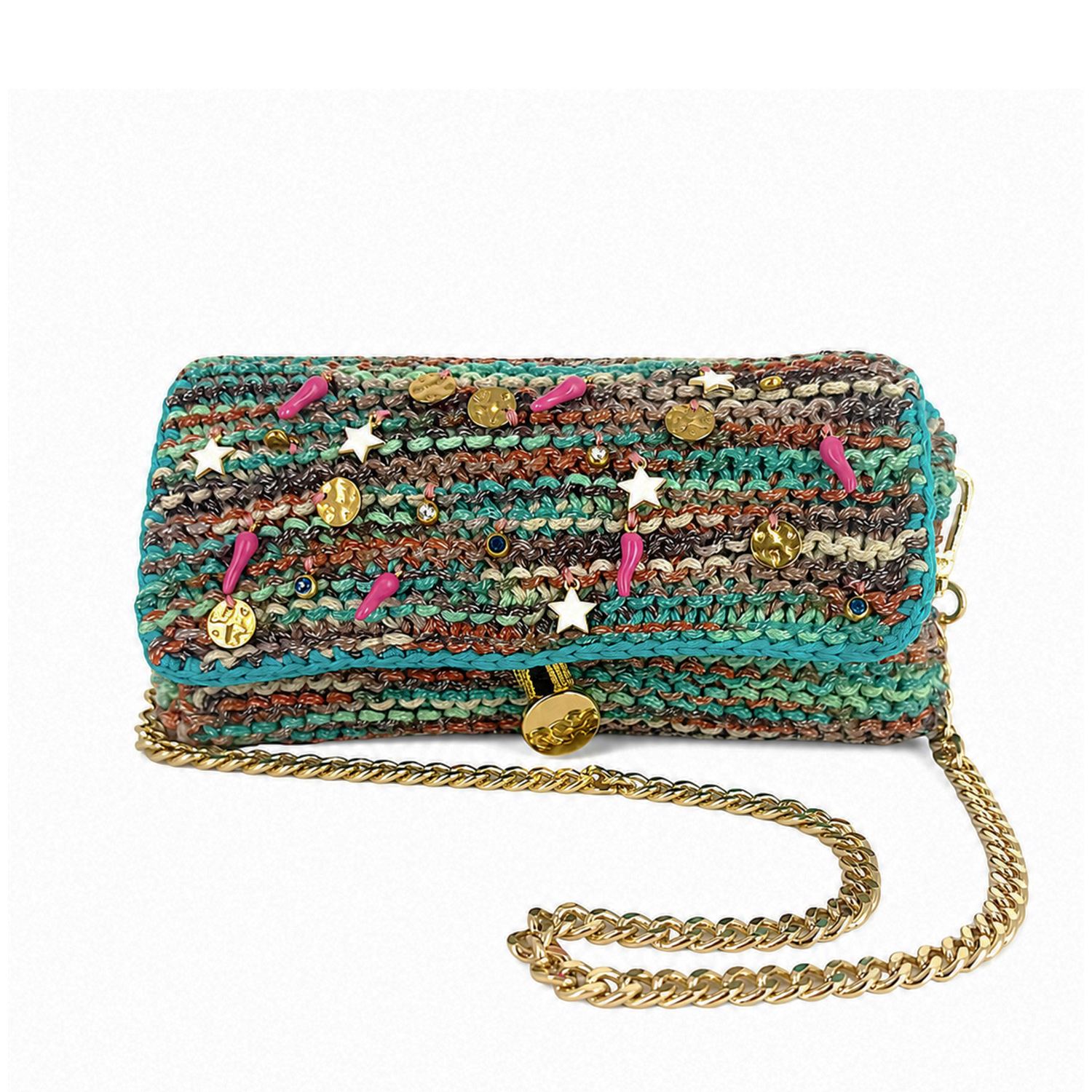 Women's Small Hand-Knitted Handbag In Premium Blue Variegated Yarn | With Charms | One Size | Hilo De Mar