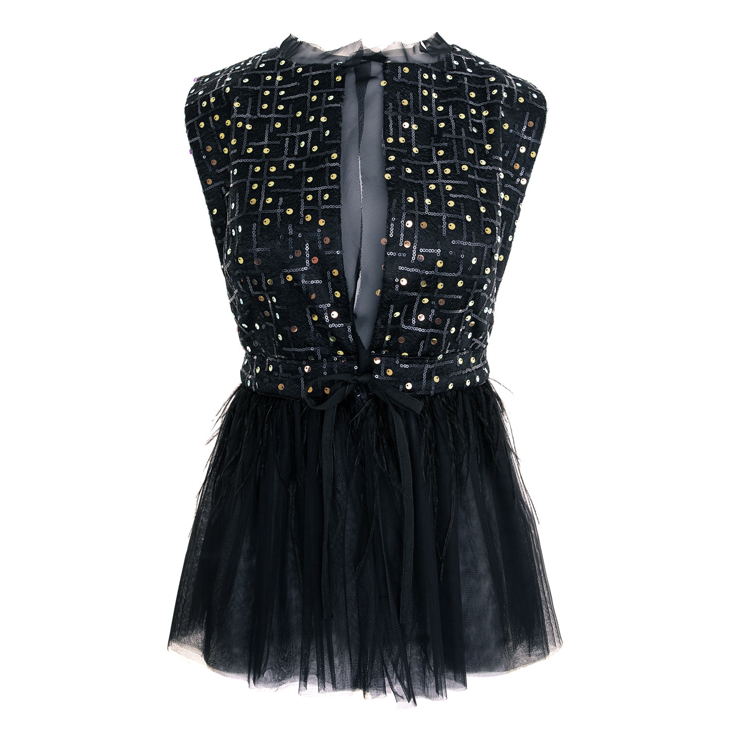 Concept A Trois Women's Short Sequins Vest With Tulle And Feathers At The Waist  - Black In Black