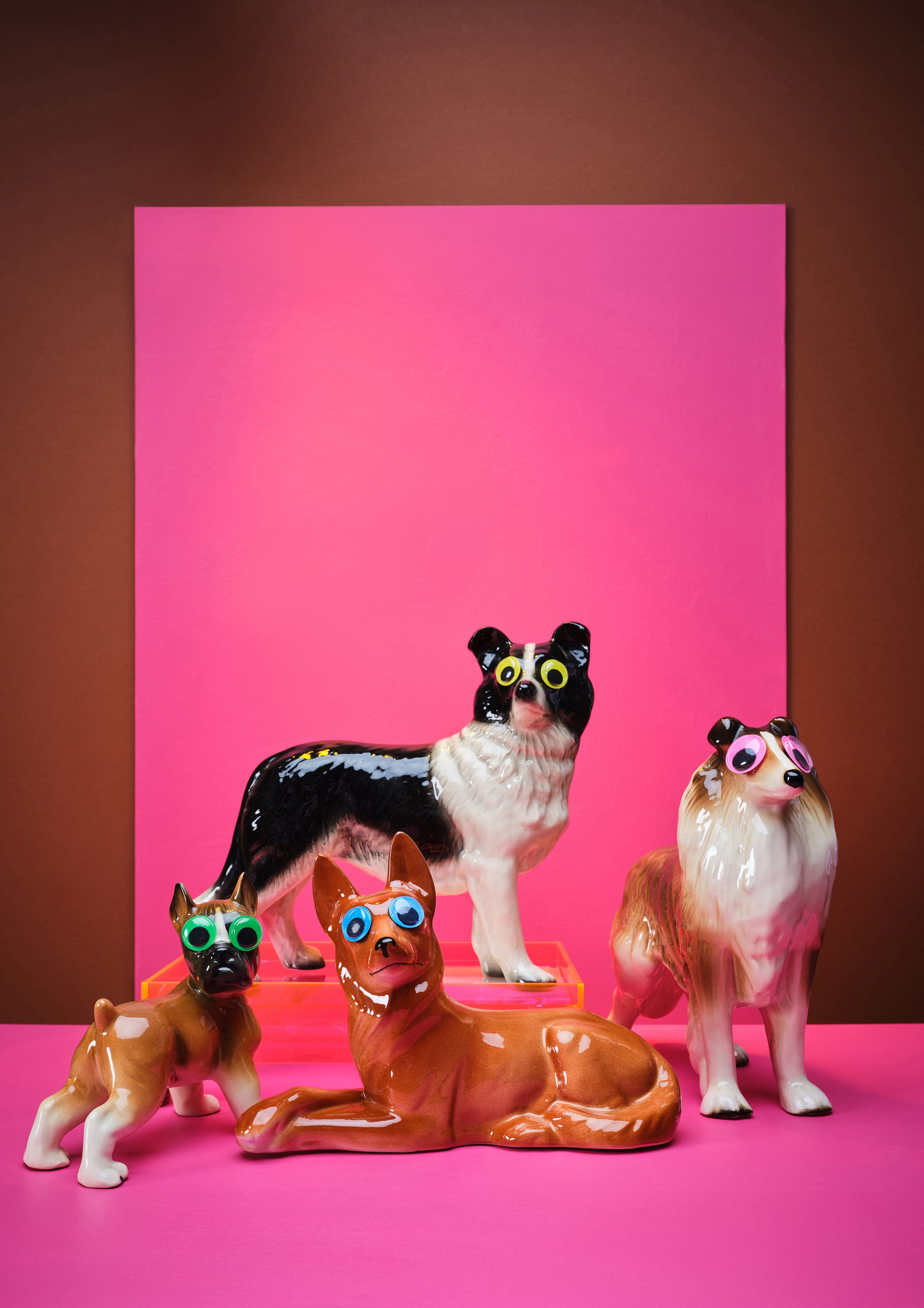 Ornament Art Pink / Purple / Brown Goggle Eyed Dogs, Pink Giclée Photo Print